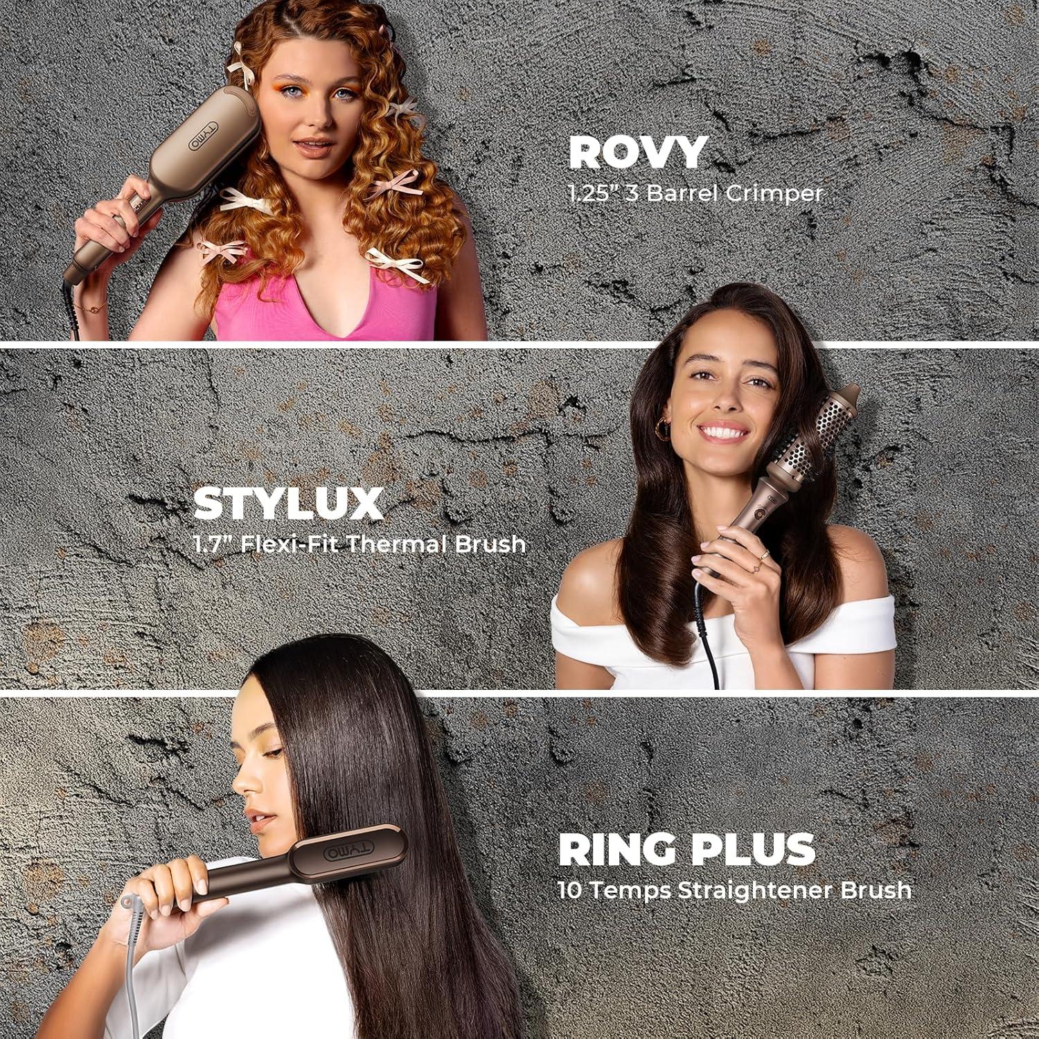 imageTYMO Limited Edition Styling Set Include TYMO ROVY Hair Crimper Wave Curling Iron amp Ring Plus Straightener Brush amp STYLUX Thermal Brush 3 in 1 Ionic Hair Curler Tool Set for Women