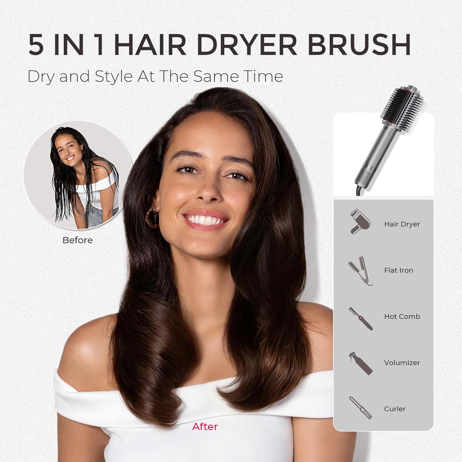 imageTYMO 40 Hair Blow Dryer Brush Lightweight 3X Faster Drying 5in1 Ionic Blowout Hair Dryer Brush Adds Shine Volume amp Fullness for Smooth AntiFrizz Straight Curl amp Blowout Styles Metal GreyMetal Grey