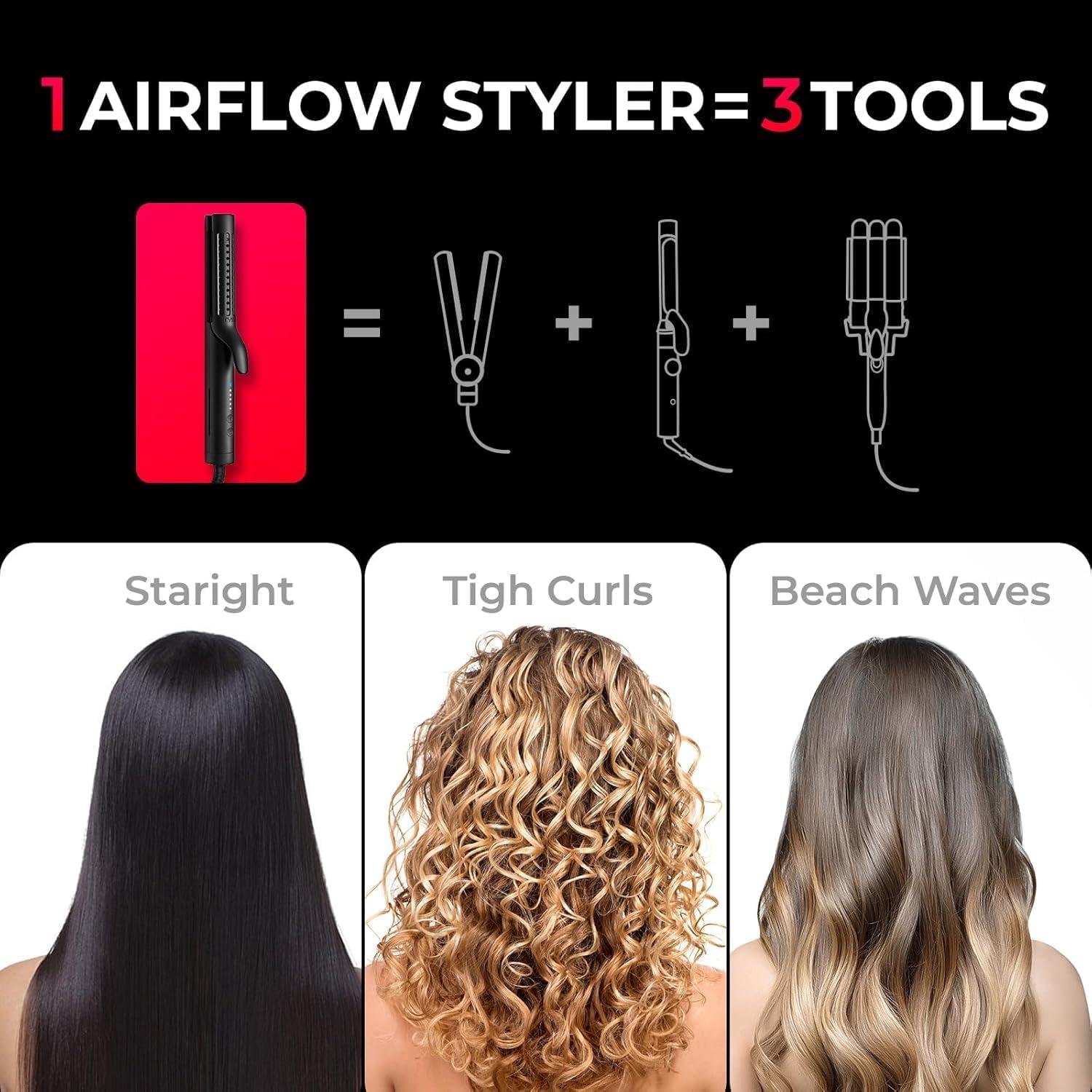 imageTYMO Airflow 20 Curling Iron Flat Iron Hair Straightener and Curler 2 in 1 125 Inch Curling Wand for Long Short Hair Dual Voltage for Travel 54 Million Ionic AntiTangle 5 Temps PinkBlack