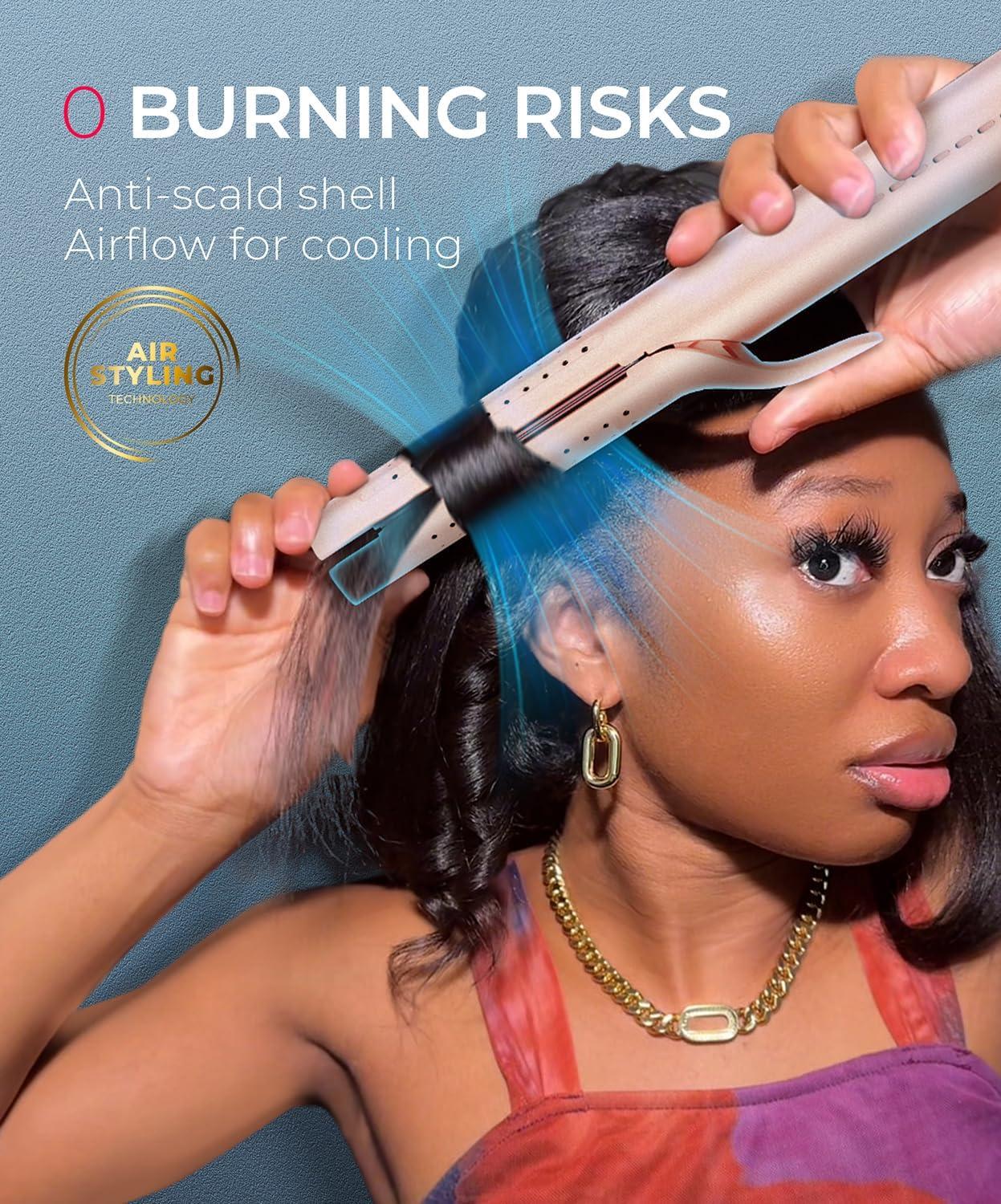 imageTYMO Airflow 20 Curling Iron Flat Iron Hair Straightener and Curler 2 in 1 125 Inch Curling Wand for Long Short Hair Dual Voltage for Travel 54 Million Ionic AntiTangle 5 Temps PinkGold Blush