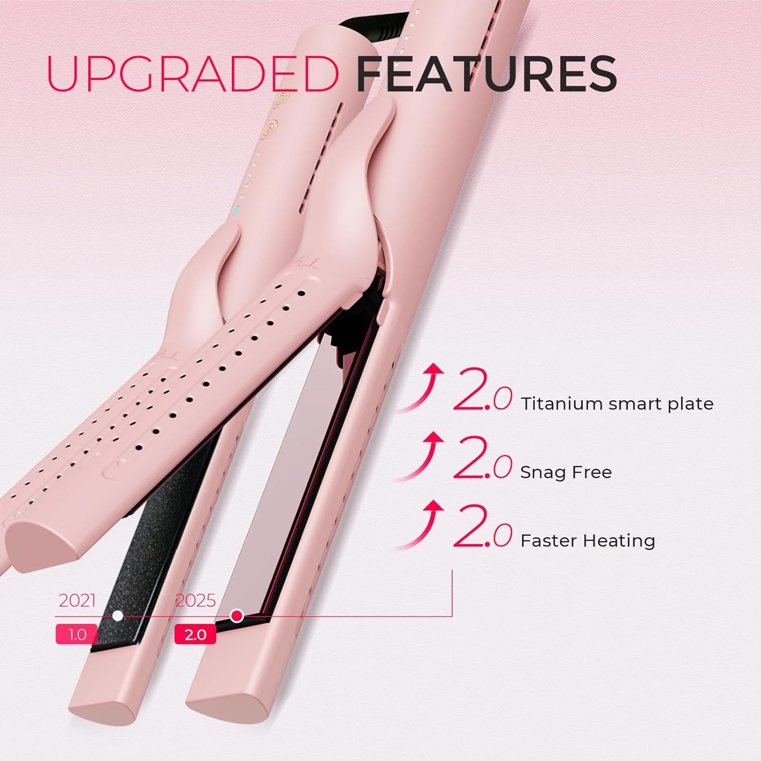 imageTYMO Airflow 20 Curling Iron Flat Iron  Hair Straightener and Curler 2 in 1 125 Inch Curling Wand for Long Short Hair Dual Voltage for Travel 54 Million Ionic AntiTangle 5 Temps PinkPink