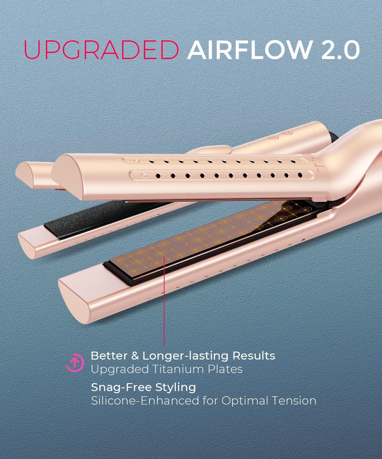 imageTYMO Airflow 20 Curling Iron Flat Iron Hair Straightener and Curler 2 in 1 125 Inch Curling Wand for Long Short Hair Dual Voltage for Travel 54 Million Ionic AntiTangle 5 Temps PinkGold Blush