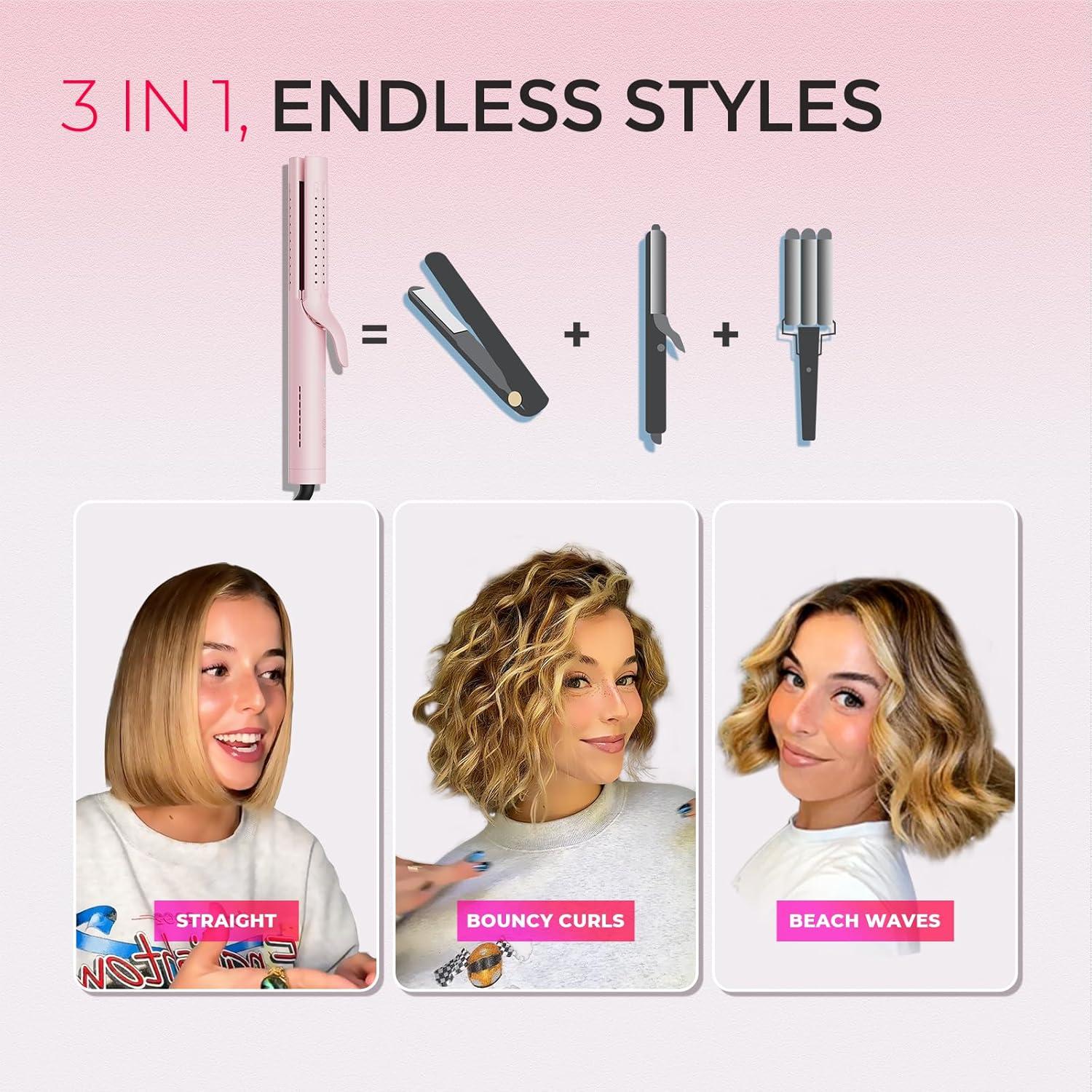 imageTYMO Airflow 20 Curling Iron Flat Iron  Hair Straightener and Curler 2 in 1 125 Inch Curling Wand for Long Short Hair Dual Voltage for Travel 54 Million Ionic AntiTangle 5 Temps PinkPink