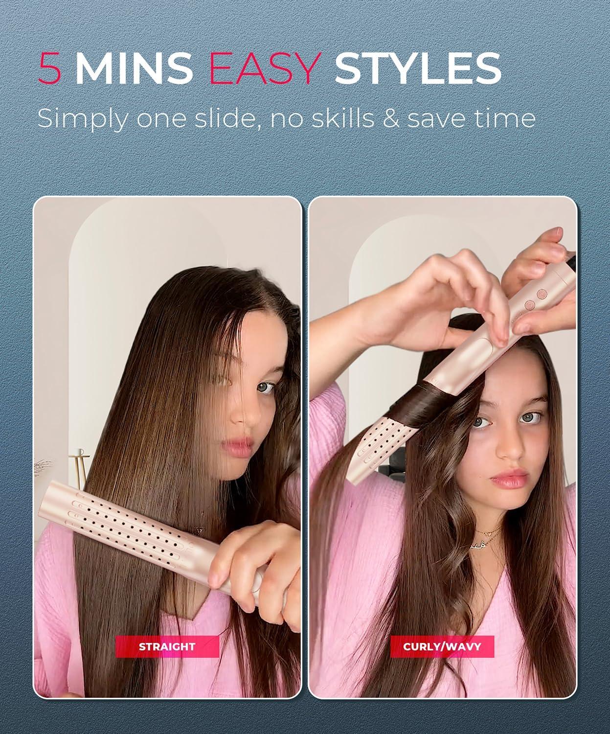 imageTYMO Airflow 20 Curling Iron Flat Iron Hair Straightener and Curler 2 in 1 125 Inch Curling Wand for Long Short Hair Dual Voltage for Travel 54 Million Ionic AntiTangle 5 Temps PinkGold Blush