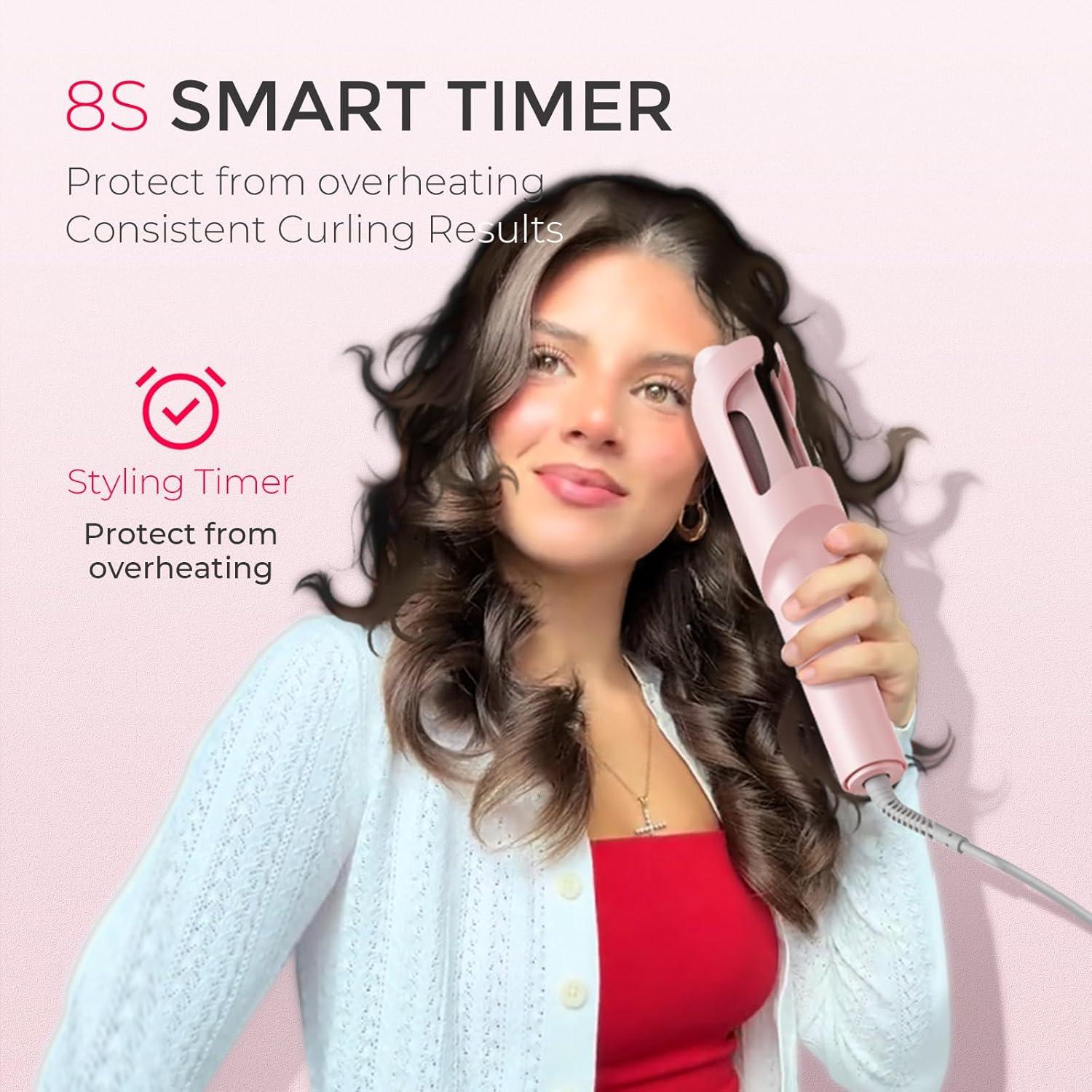 imageTYMO Automatic Rotating Curling Iron TYMO CURLPRO Beach Waves Curling Wand Portable Hair Curler 500 Million Ionic Dual Voltage amp Lightweight for Travel Ceramic Coating 1 Inch Metallic GrayPink