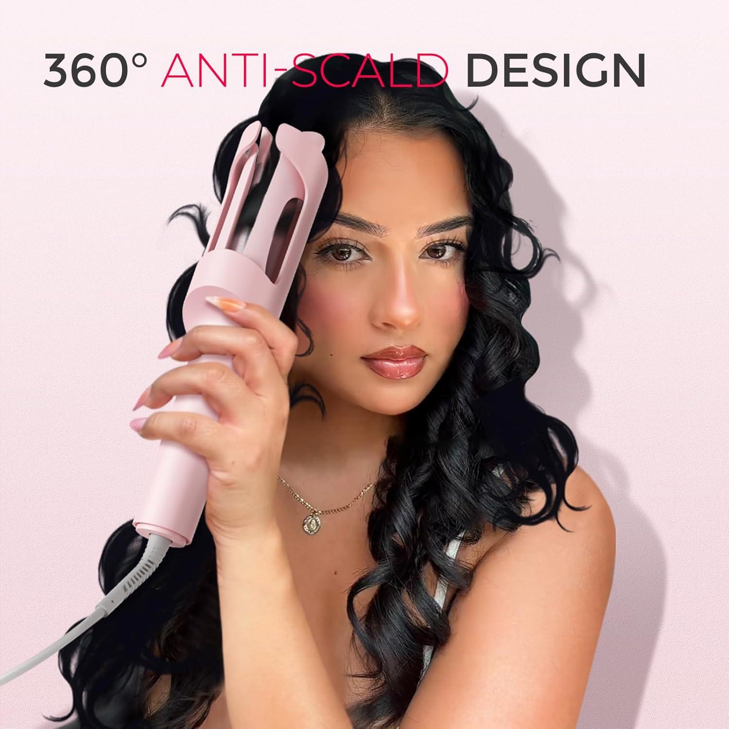 imageTYMO Automatic Rotating Curling Iron TYMO CURLPRO Beach Waves Curling Wand Portable Hair Curler 500 Million Ionic Dual Voltage amp Lightweight for Travel Ceramic Coating 1 Inch Metallic GrayPink