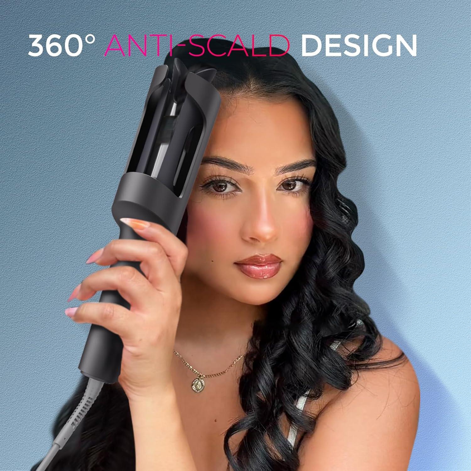 imageTYMO Automatic Rotating Curling Iron TYMO CURLPRO Beach Waves Curling Wand Portable Hair Curler 500 Million Ionic Dual Voltage amp Lightweight for Travel Ceramic Coating 1 Inch Metallic GrayMetallic Gray