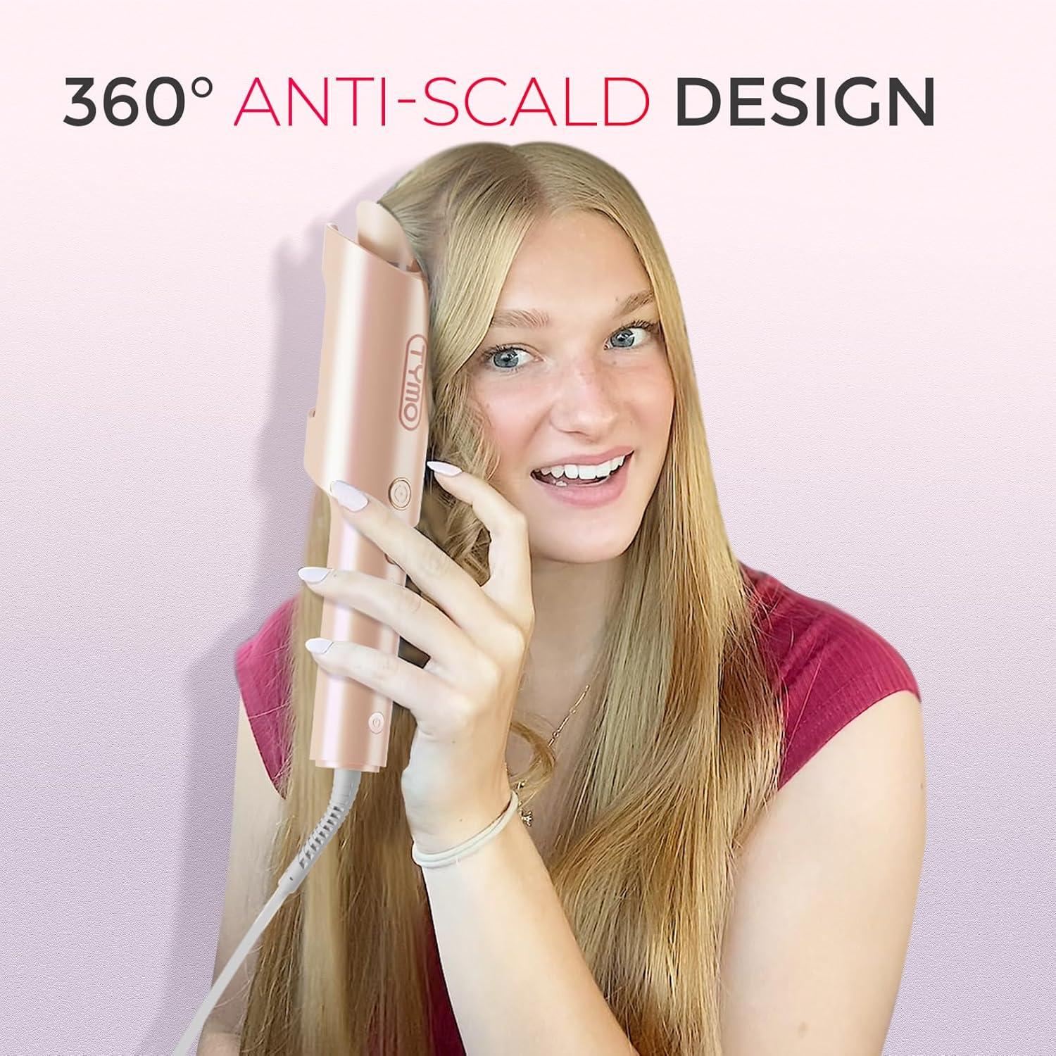 imageTYMO Automatic Rotating Curling Iron TYMO CURLPRO Beach Waves Curling Wand Portable Hair Curler 500 Million Ionic Dual Voltage amp Lightweight for Travel Ceramic Coating 1 Inch Metallic GrayPeach