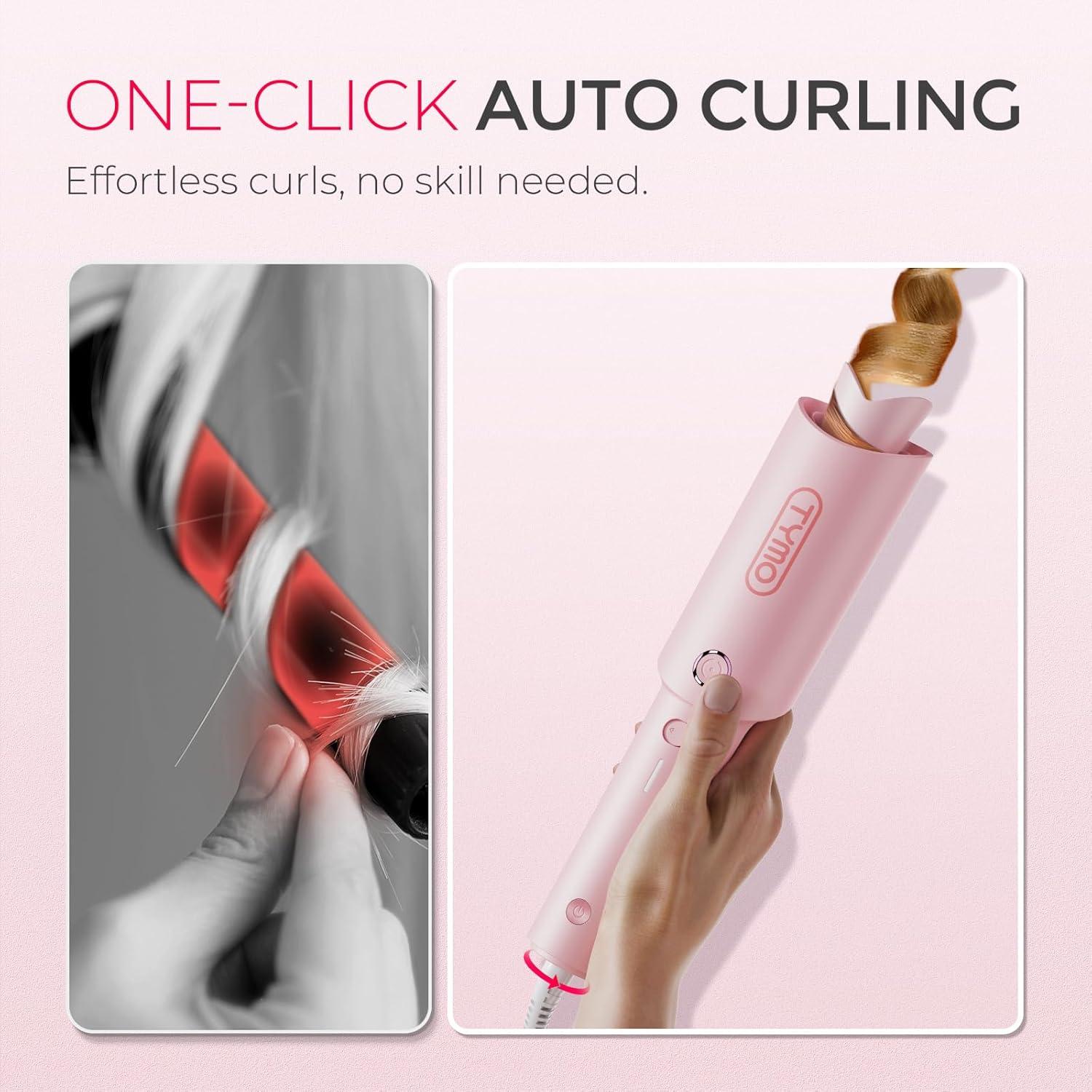 imageTYMO Automatic Rotating Curling Iron TYMO CURLPRO Beach Waves Curling Wand Portable Hair Curler 500 Million Ionic Dual Voltage amp Lightweight for Travel Ceramic Coating 1 Inch Metallic GrayPink