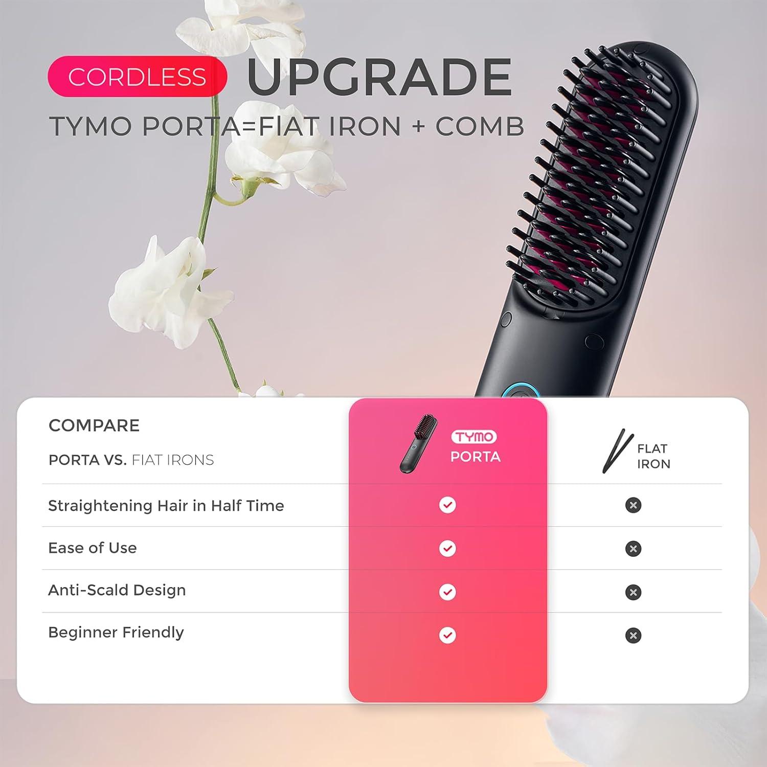 imageTYMO Cordless Hair Straightener Brush Porta PRO Portable Straightening Brush for Travel Mini Ionic Hot Comb Straightener for Women Lightweight onThego Cordless amp Fast Charger Dual Power Black