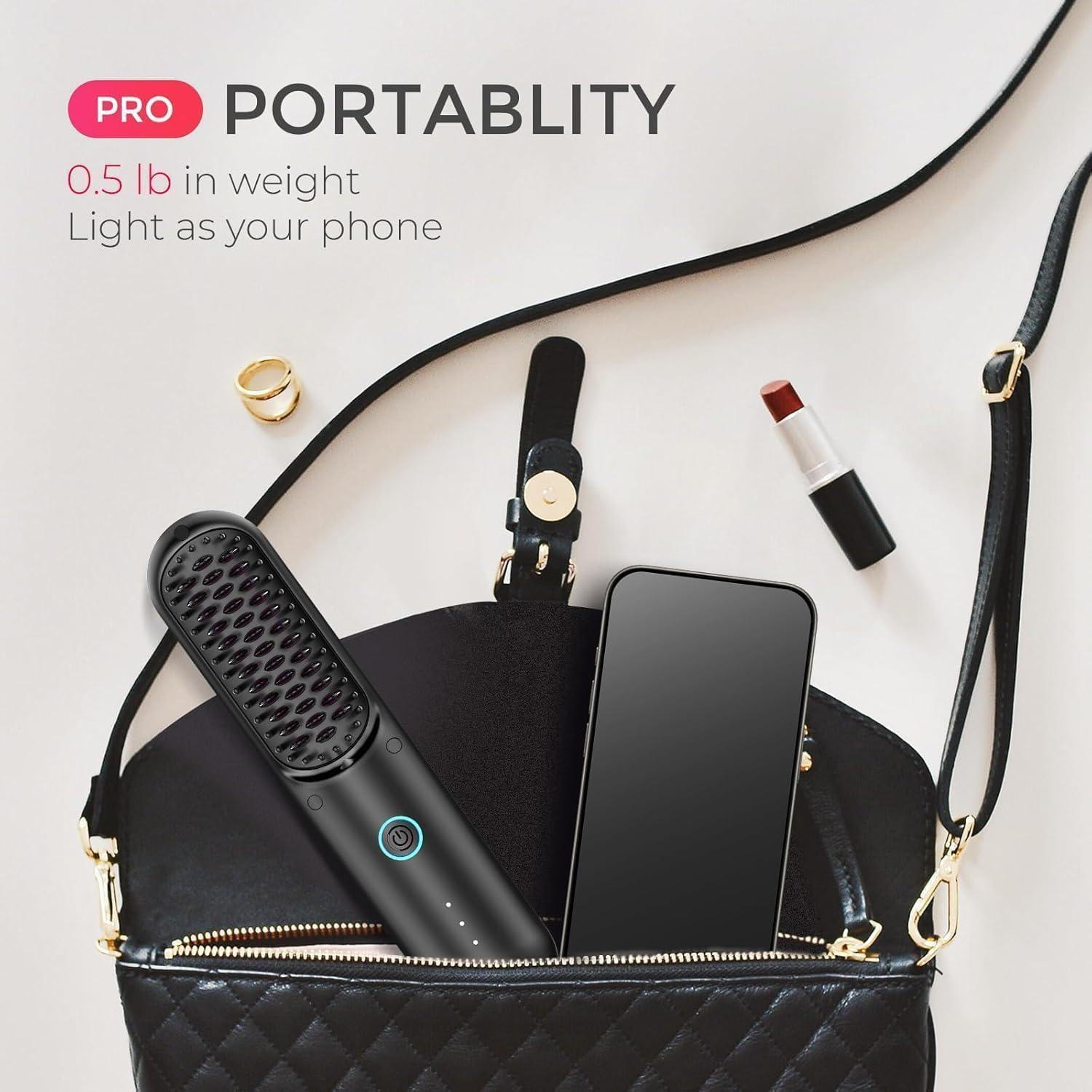 imageTYMO Cordless Hair Straightener Brush Porta PRO Portable Straightening Brush for Travel Mini Ionic Hot Comb Straightener for Women Lightweight onThego Cordless amp Fast Charger Dual Power Black