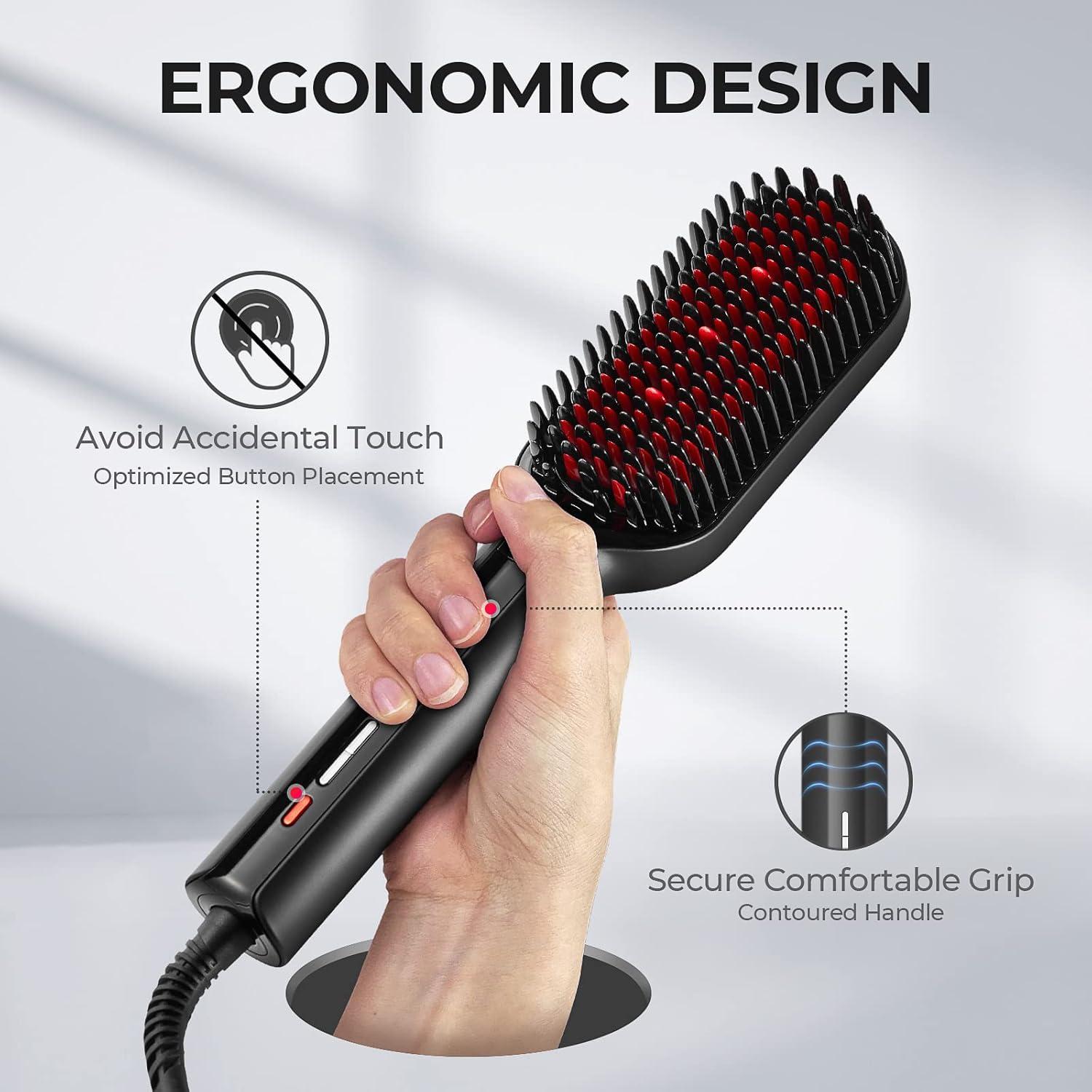 imageTYMO Hair Straightener Brush Upgraded Ionic Plus Straightening Brush with Dense Bristles 16 Temps Dual Voltage Ceramic Hot Comb for Women Flat Iron for Thick Curly Hair GoldBlack