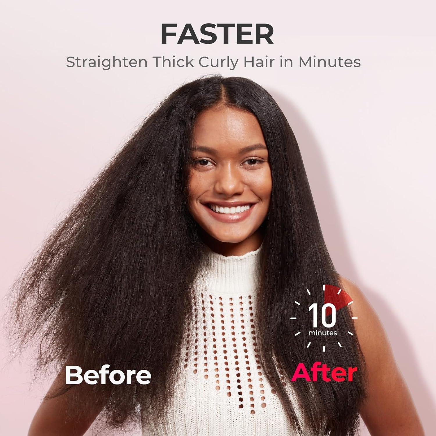 imageTYMO Hair Straightener Brush Upgraded Ionic Plus Straightening Brush with Dense Bristles 16 Temps Dual Voltage Ceramic Hot Comb for Women Flat Iron for Thick Curly Hair GoldPink