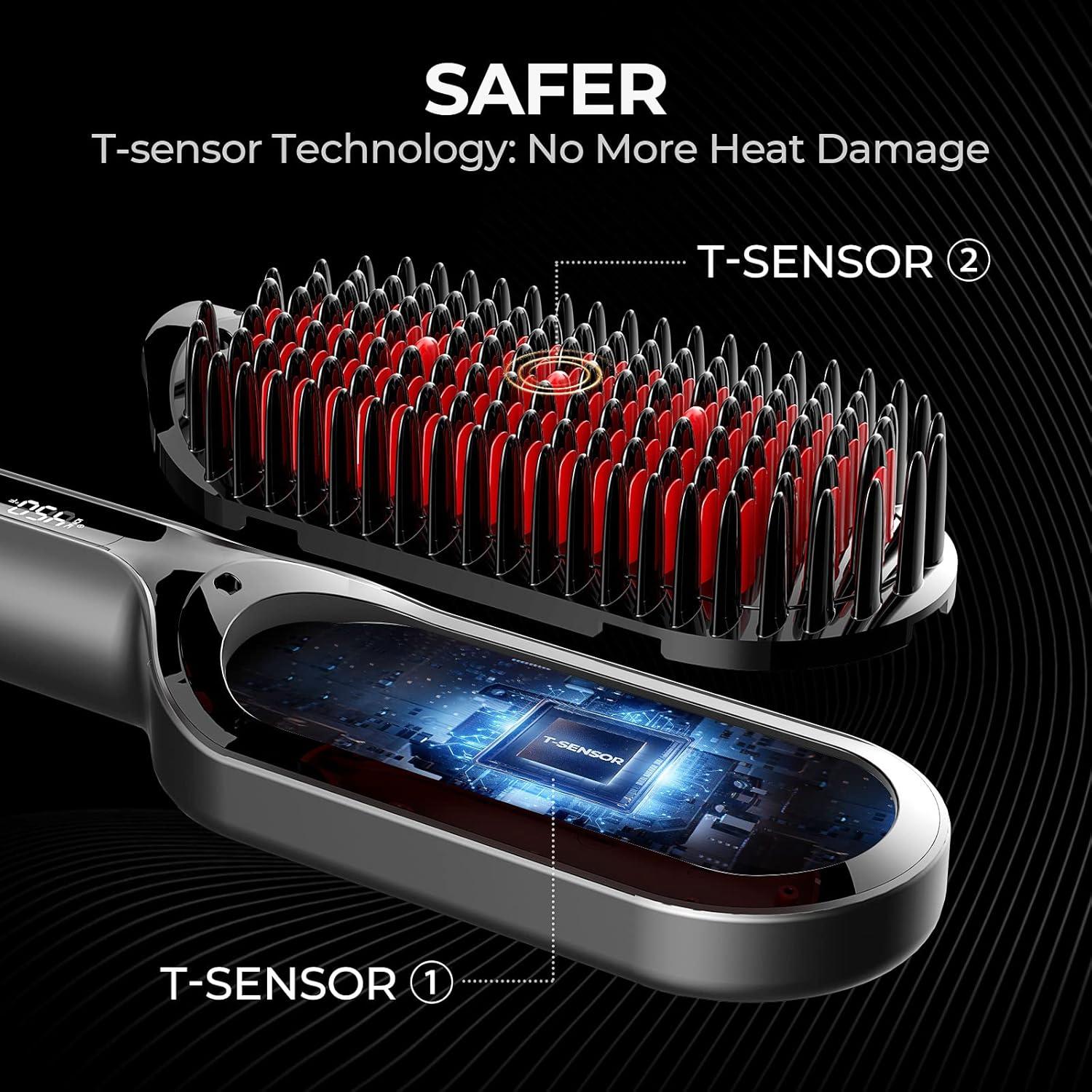 imageTYMO Hair Straightener Brush Upgraded Ionic Plus Straightening Brush with Dense Bristles 16 Temps Dual Voltage Ceramic Hot Comb for Women Flat Iron for Thick Curly Hair GoldBlack