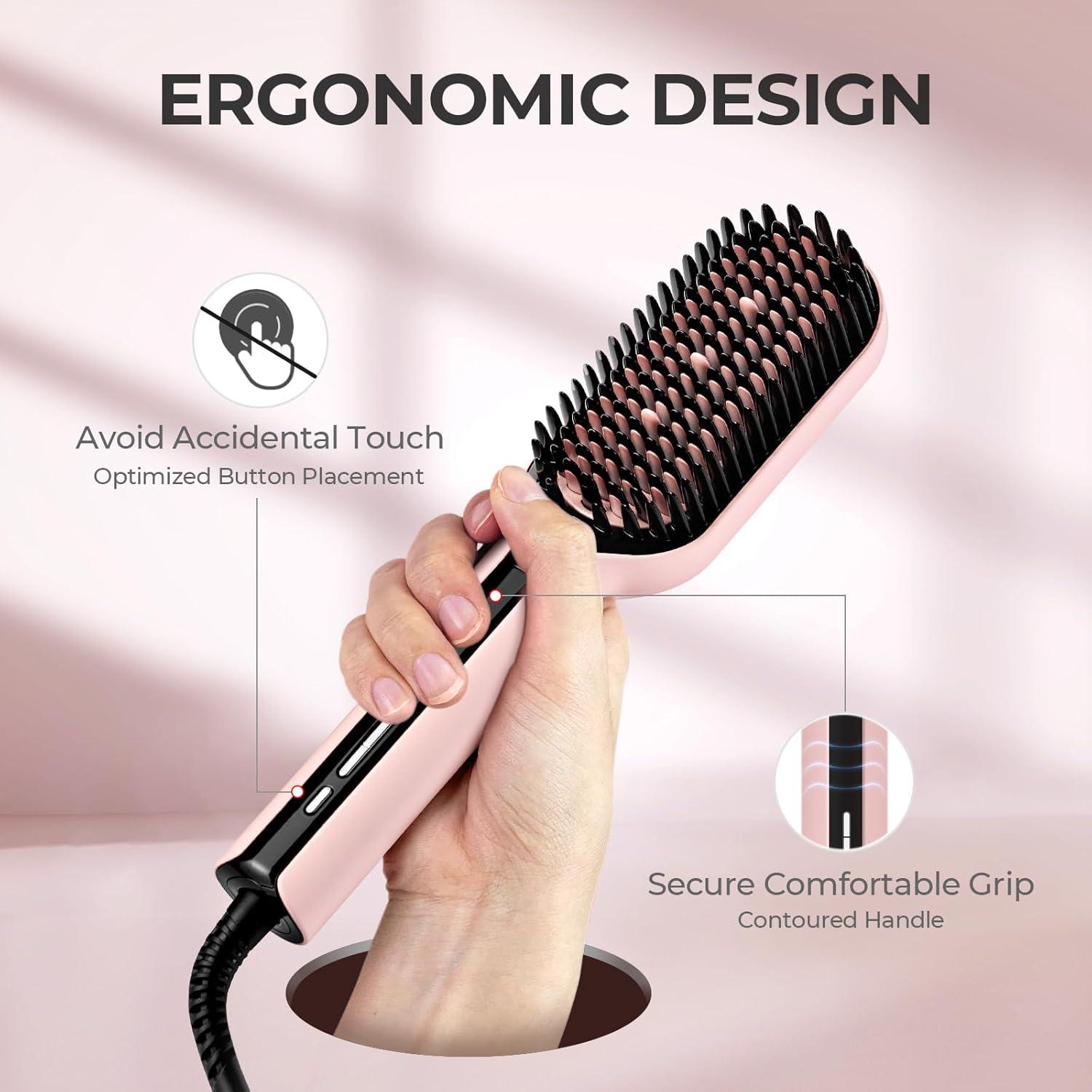 imageTYMO Hair Straightener Brush Upgraded Ionic Plus Straightening Brush with Dense Bristles 16 Temps Dual Voltage Ceramic Hot Comb for Women Flat Iron for Thick Curly Hair GoldPink