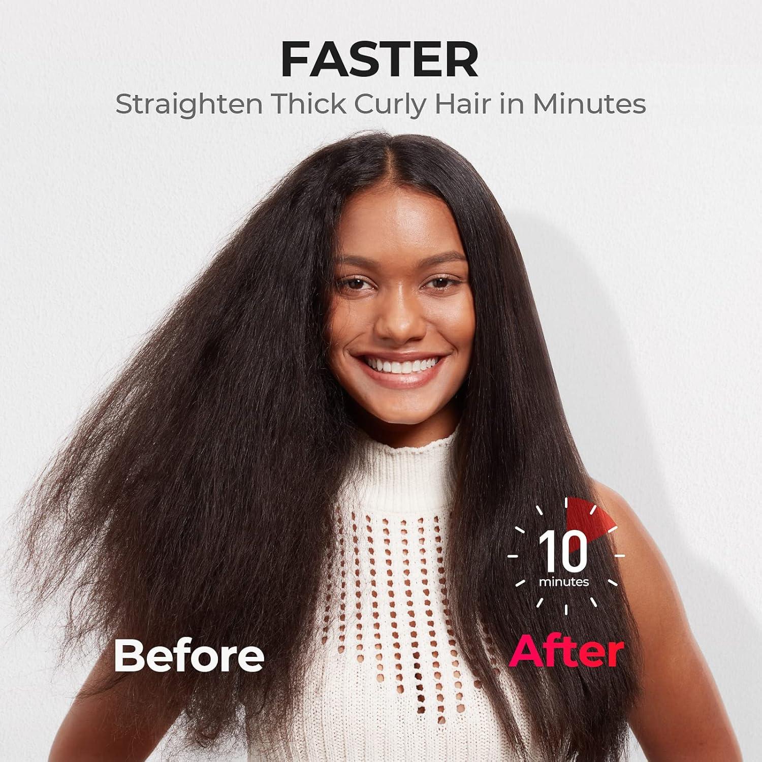 imageTYMO Hair Straightener Brush Upgraded Ionic Plus Straightening Brush with Dense Bristles 16 Temps Dual Voltage Ceramic Hot Comb for Women Flat Iron for Thick Curly Hair GoldBlack