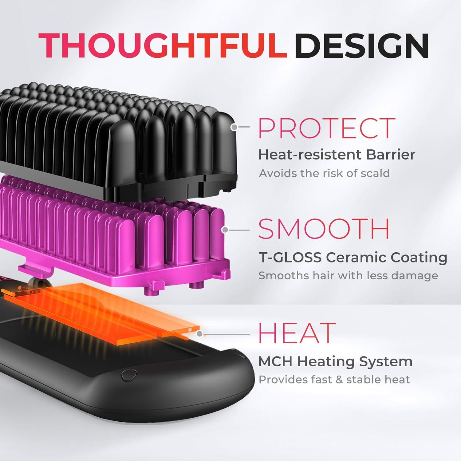 imageTYMO Ionic Hair Straightener Brush Straightening Comb with 10M Negative Ions 25s Heatup 16 Temps Dual Voltage LED Display Ceramic Hot Comb Hair Brush Straightener for Women PinkElegant Matte Black