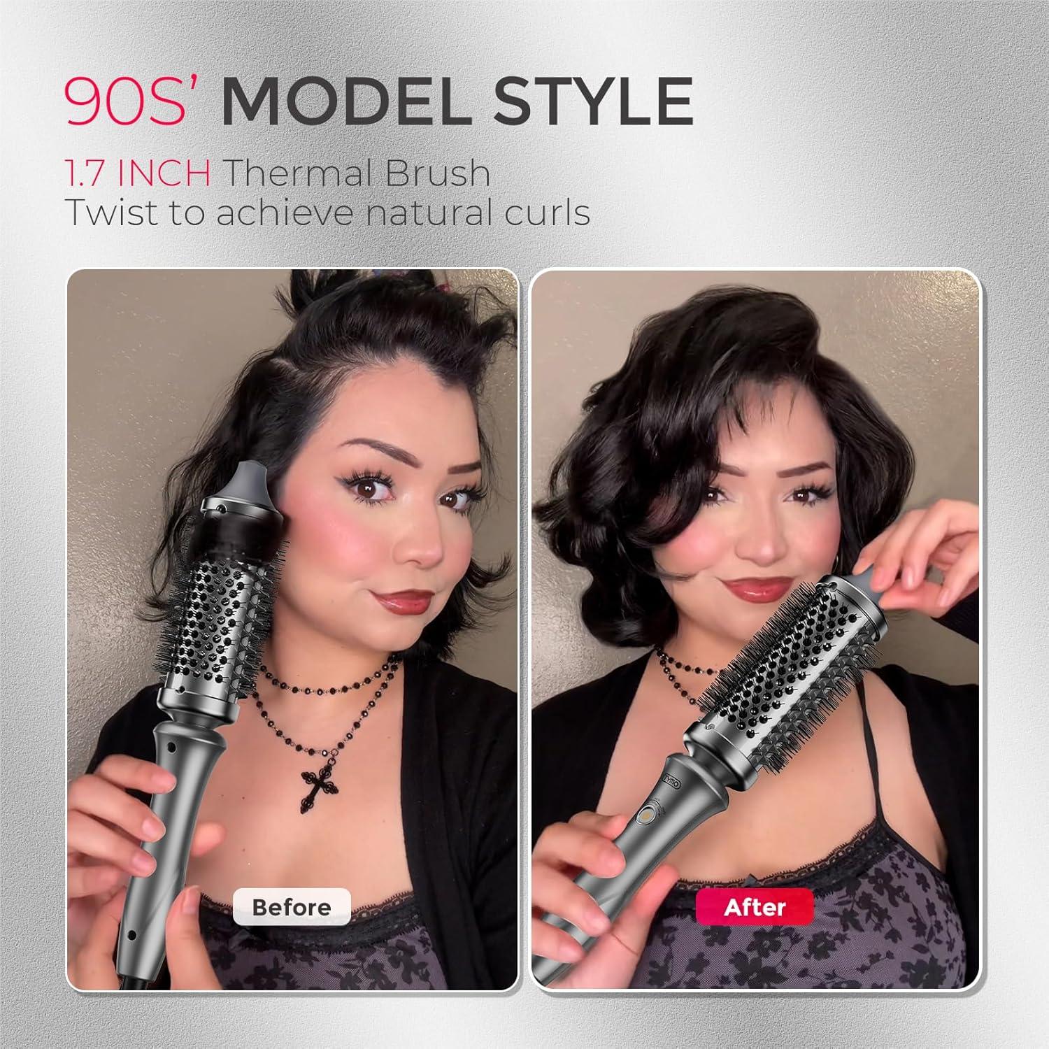 imageTYMO Thermal Brush Curling Brush STYLUX 15 Inch Blowout Volumizer with FlexiFit for Hair Straightening Heated Round Styler Tool Hair Straightener and Curler 2 in 1 Dual Voltage GoldMetallic Gray