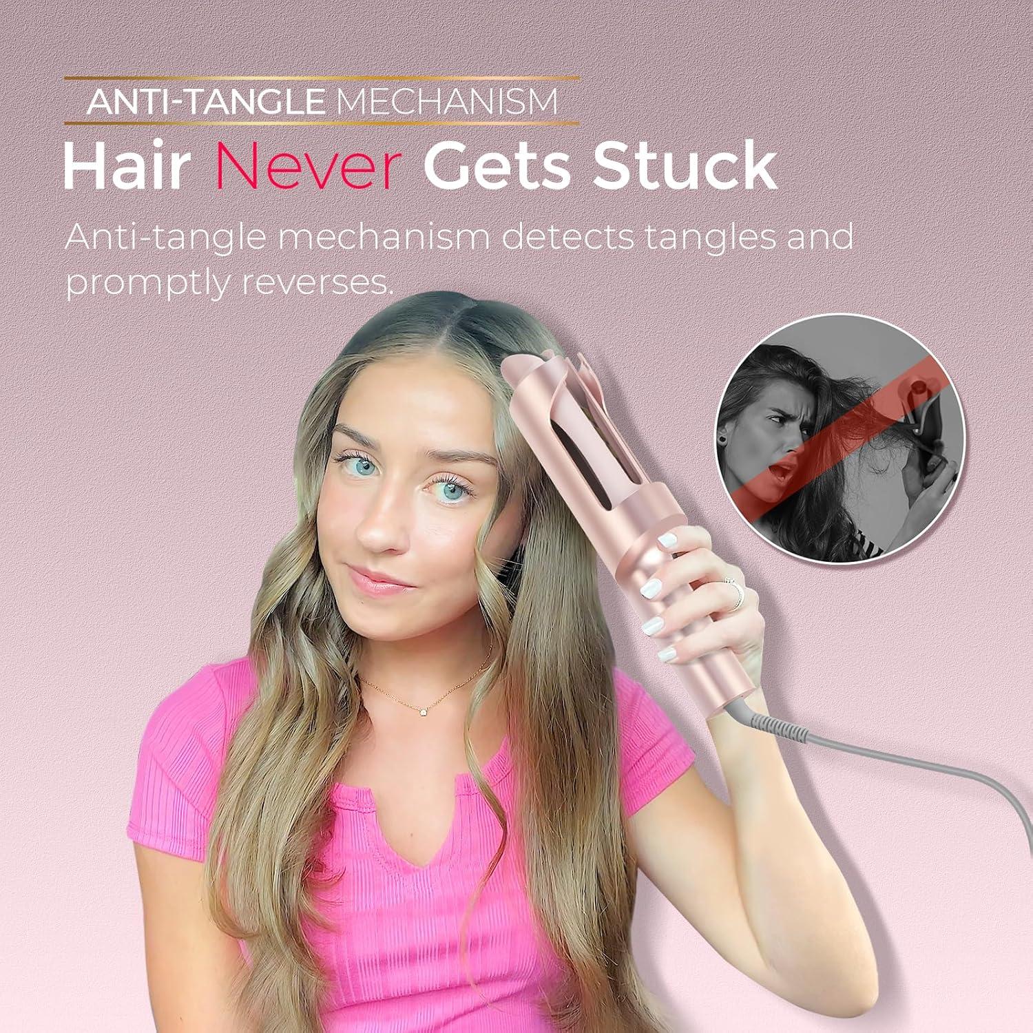 imageUpgraded Automatic Rotating Curling Iron TYMO CurlPro Plus Long Barrel Curling Wand for Long Hair Ceramic Hair Curler for Women AntiScald TangleFree 600M Ionic Dual Voltage Gold 1 14 InchGold Blush