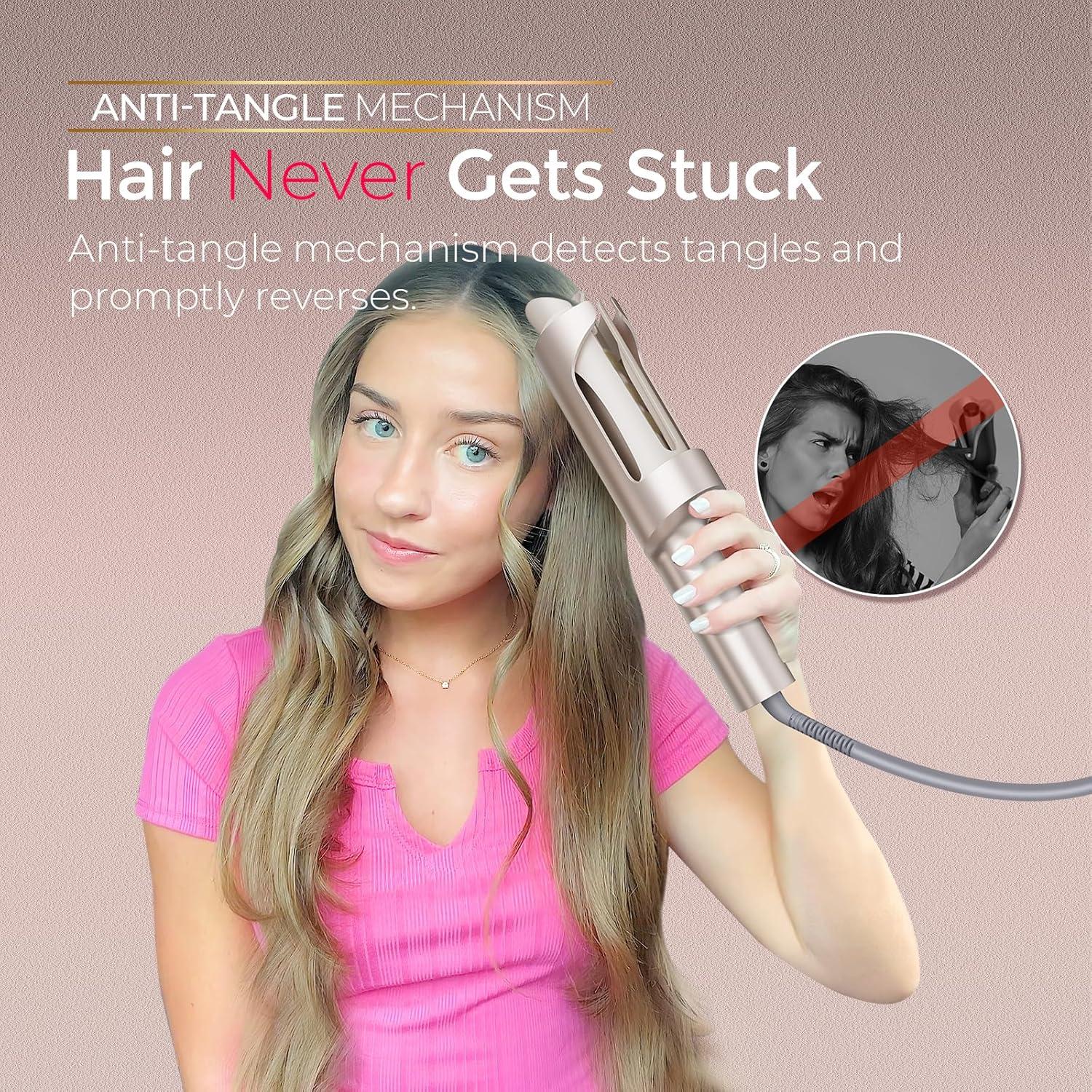 imageUpgraded Automatic Rotating Curling Iron TYMO CurlPro Plus Long Barrel Curling Wand for Long Hair Ceramic Hair Curler for Women AntiScald TangleFree 600M Ionic Dual Voltage Gold 1 14 InchGold