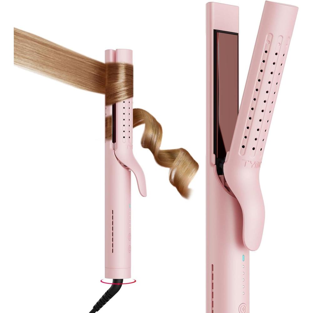 imageTYMO Airflow 20 Curling Iron Flat Iron Hair Straightener and Curler 2 in 1 125 Inch Curling Wand for Long Short Hair Dual Voltage for Travel 54 Million Ionic AntiTangle 5 Temps PinkPink