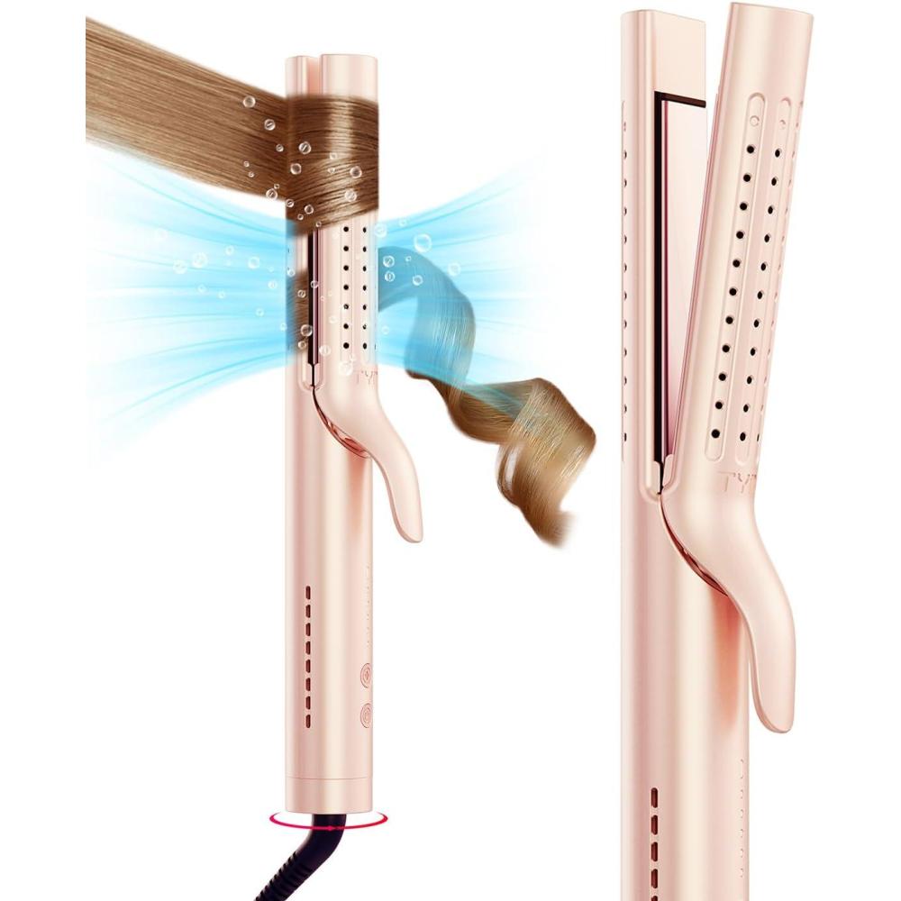 imageTYMO Airflow 20 Curling Iron Flat Iron Hair Straightener and Curler 2 in 1 125 Inch Curling Wand for Long Short Hair Dual Voltage for Travel 54 Million Ionic AntiTangle 5 Temps PinkGold Blush