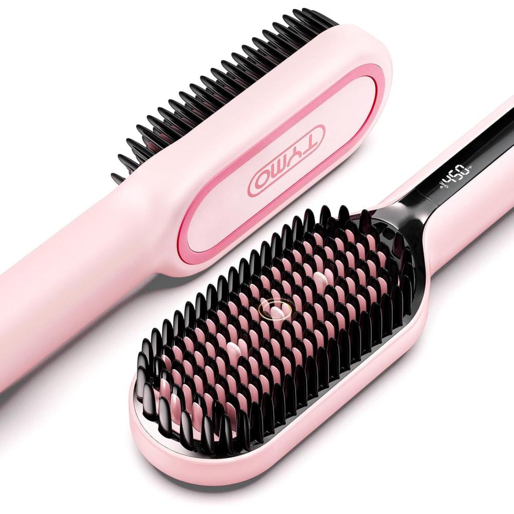 imageTYMO Hair Straightener Brush  Upgraded Ionic Plus Straightening Brush with Dense Bristles 16 Temps Dual Voltage  Ceramic Hot Comb for Women  Flat Iron for Thick Curly Hair GoldPink