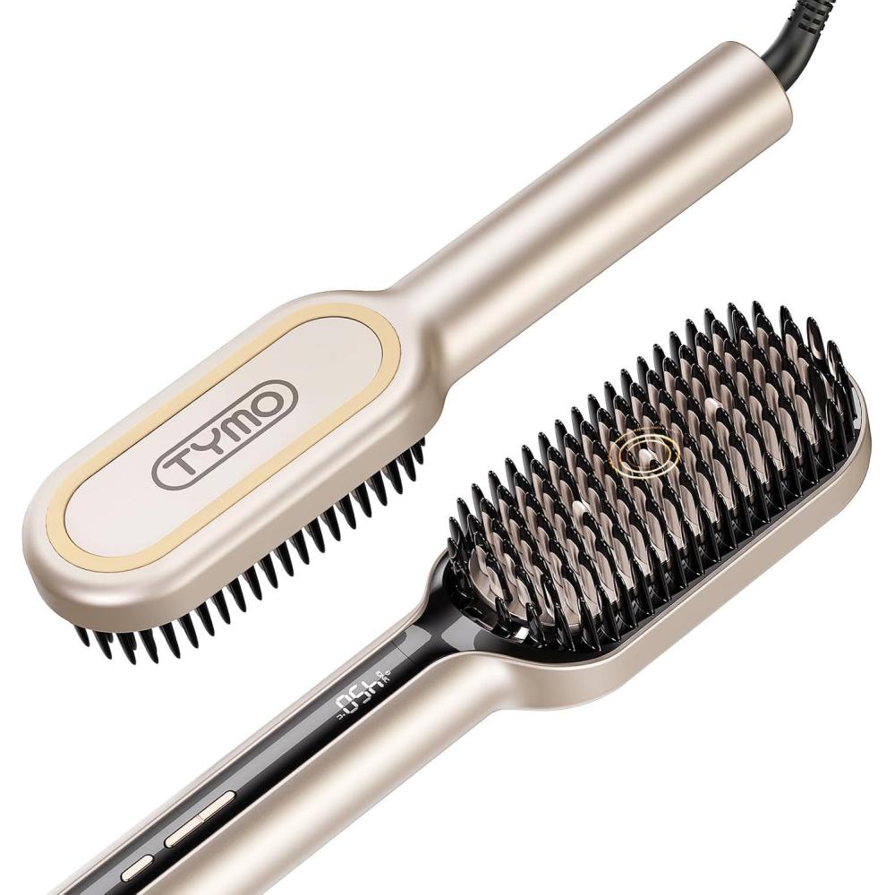 imageTYMO Hair Straightener Brush Upgraded Ionic Plus Straightening Brush with Dense Bristles 16 Temps Dual Voltage Ceramic Hot Comb for Women Flat Iron for Thick Curly Hair GoldGold