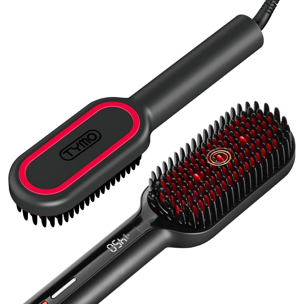 imageTYMO Hair Straightener Brush Upgraded Ionic Plus Straightening Brush with Dense Bristles 16 Temps Dual Voltage Ceramic Hot Comb for Women Flat Iron for Thick Curly Hair GoldBlack