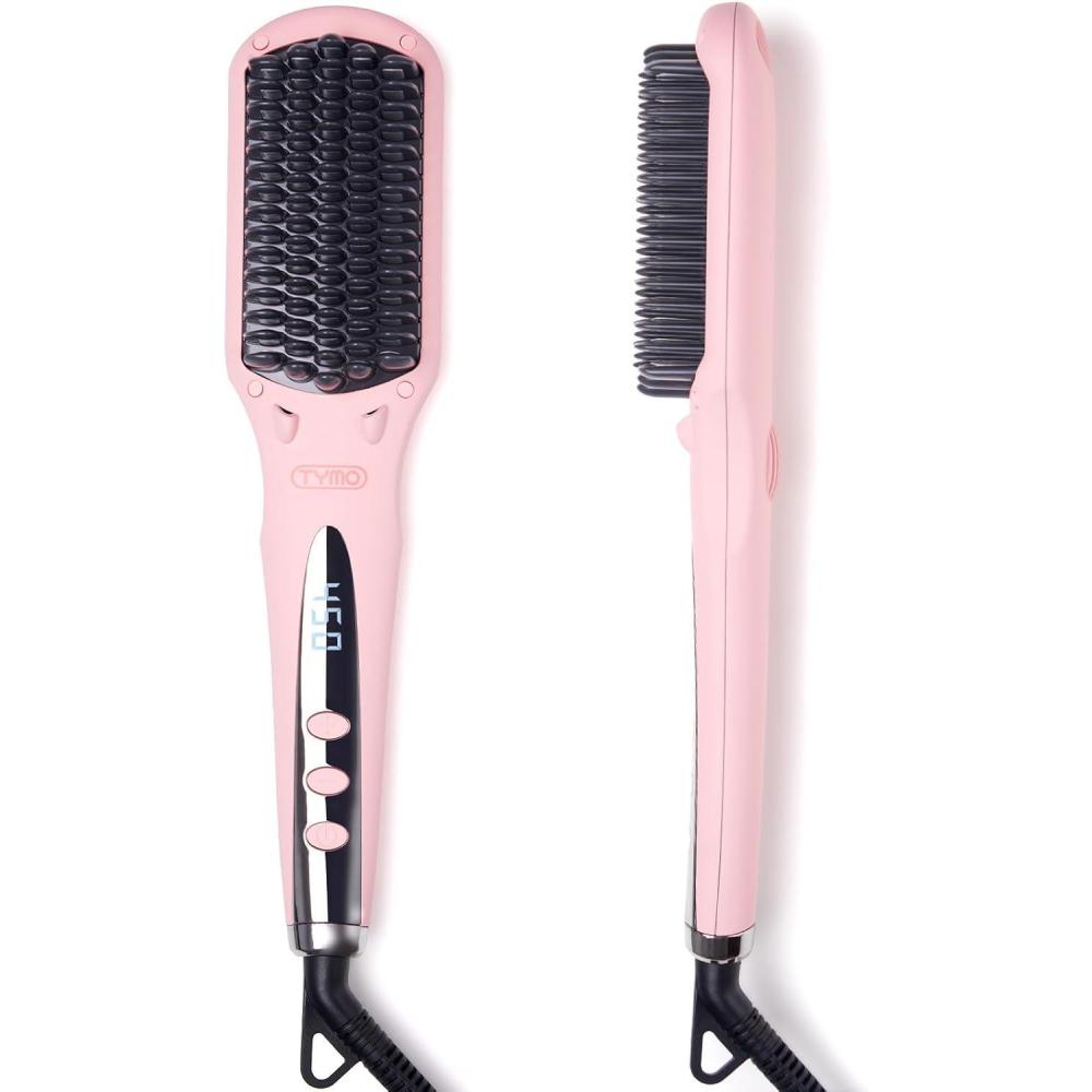 imageTYMO Ionic Hair Straightener Brush  Straightening Comb with 10M Negative Ions 25s Heatup 16 Temps Dual Voltage LED Display  Ceramic Hot Comb Hair Brush Straightener for Women PinkPink