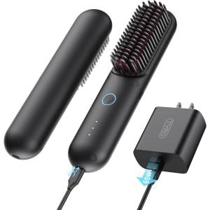 TYMO Cordless Hair Straightener Brush – Porta PRO Portable Straightening Brush for Travel, Mini Ionic Hot Comb Straightener for Women, Lightweight on-The-go, Cordless & Fast Charger Dual Power, Black