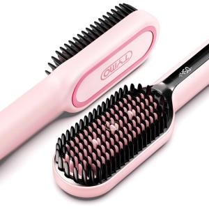 TYMO Hair Straightener Brush – Upgraded Ionic Plus Straightening Brush with Dense Bristles, 16 Temps, Dual Voltage | Ceramic Hot Comb for Women | Flat Iron for Thick Curly Hair, Gold(Pink)