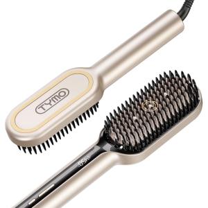 TYMO Hair Straightener Brush – Upgraded Ionic Plus Straightening Brush with Dense Bristles, 16 Temps, Dual Voltage | Ceramic Hot Comb for Women | Flat Iron for Thick Curly Hair, Gold(Gold)