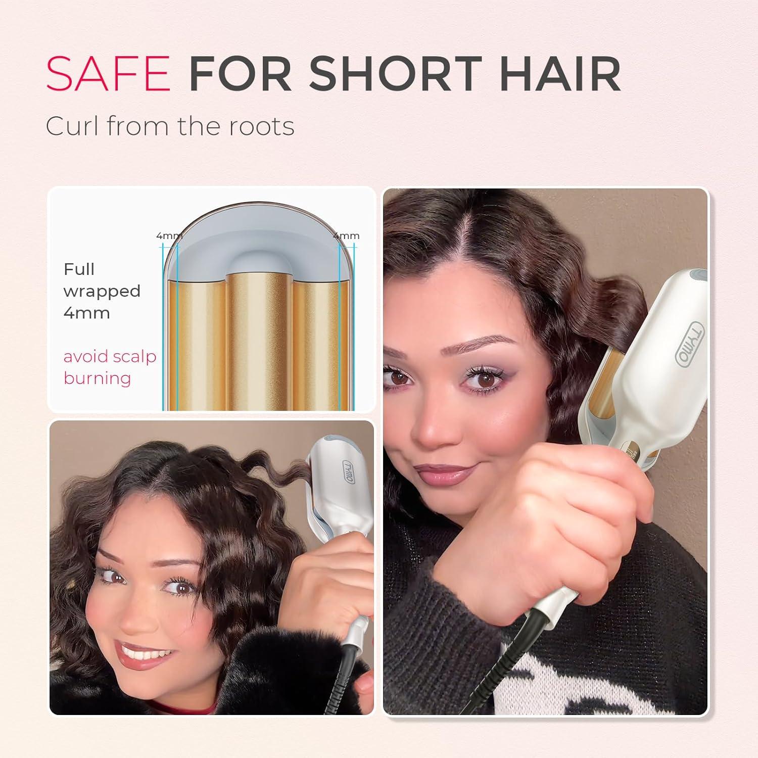 imageCurling Iron Hair Crimper Waver TYMO ROVY Beach Waves Curling Wand Ionic Deep Waver Hair Curler Tool with Ceramic 3 Barrel for Women Dual Voltage AntiScald Easy to Use Pink 1 InchElegant Gold