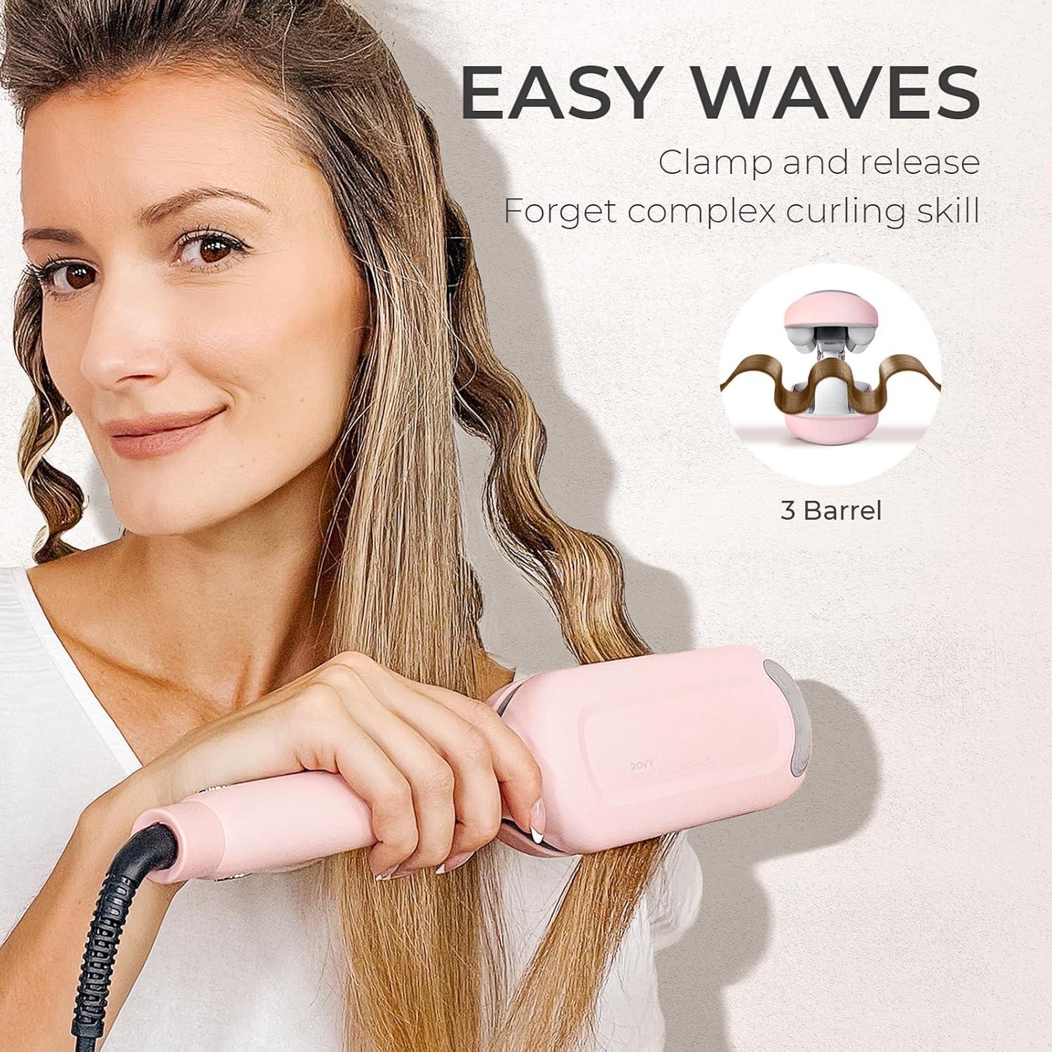imageCurling Iron Hair Crimper Waver TYMO ROVY Beach Waves Curling Wand Ionic Deep Waver Hair Curler Tool with Ceramic 3 Barrel for Women Dual Voltage AntiScald Easy to Use Pink 1 InchPink