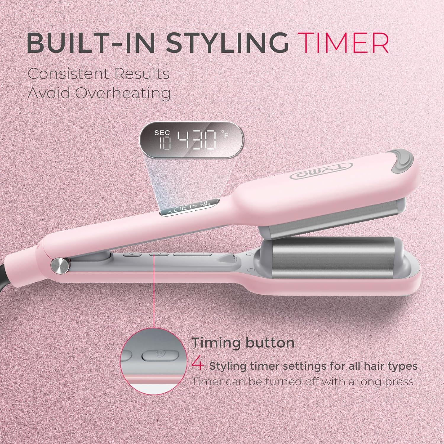 imageCurling Iron Hair Crimper Waver TYMO ROVY Beach Waves Curling Wand Ionic Deep Waver Hair Curler Tool with Ceramic 3 Barrel for Women Dual Voltage AntiScald Easy to Use Pink 1 InchPink