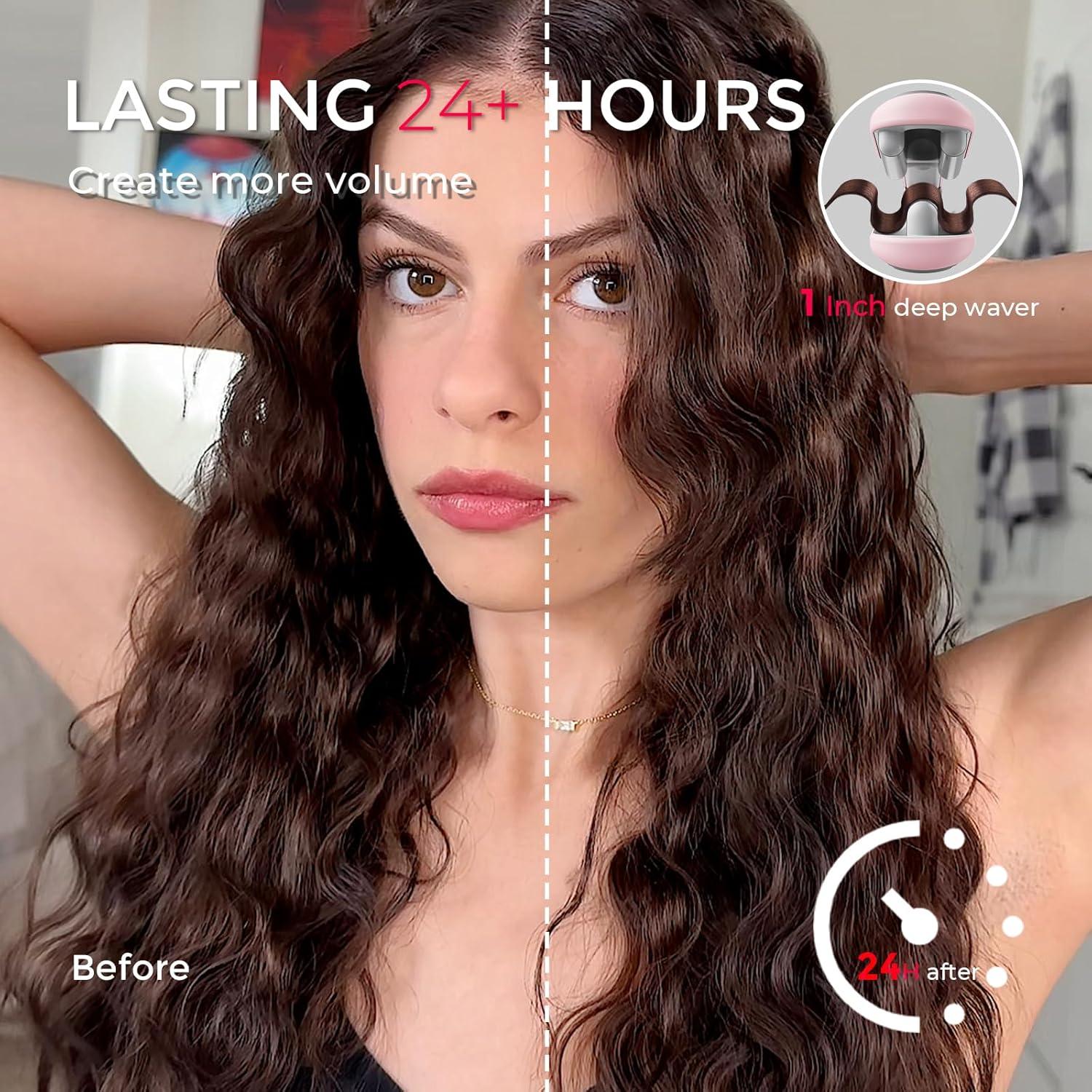 imageCurling Iron Hair Crimper Waver TYMO ROVY Beach Waves Curling Wand Ionic Deep Waver Hair Curler Tool with Ceramic 3 Barrel for Women Dual Voltage AntiScald Easy to Use Pink 1 InchPink