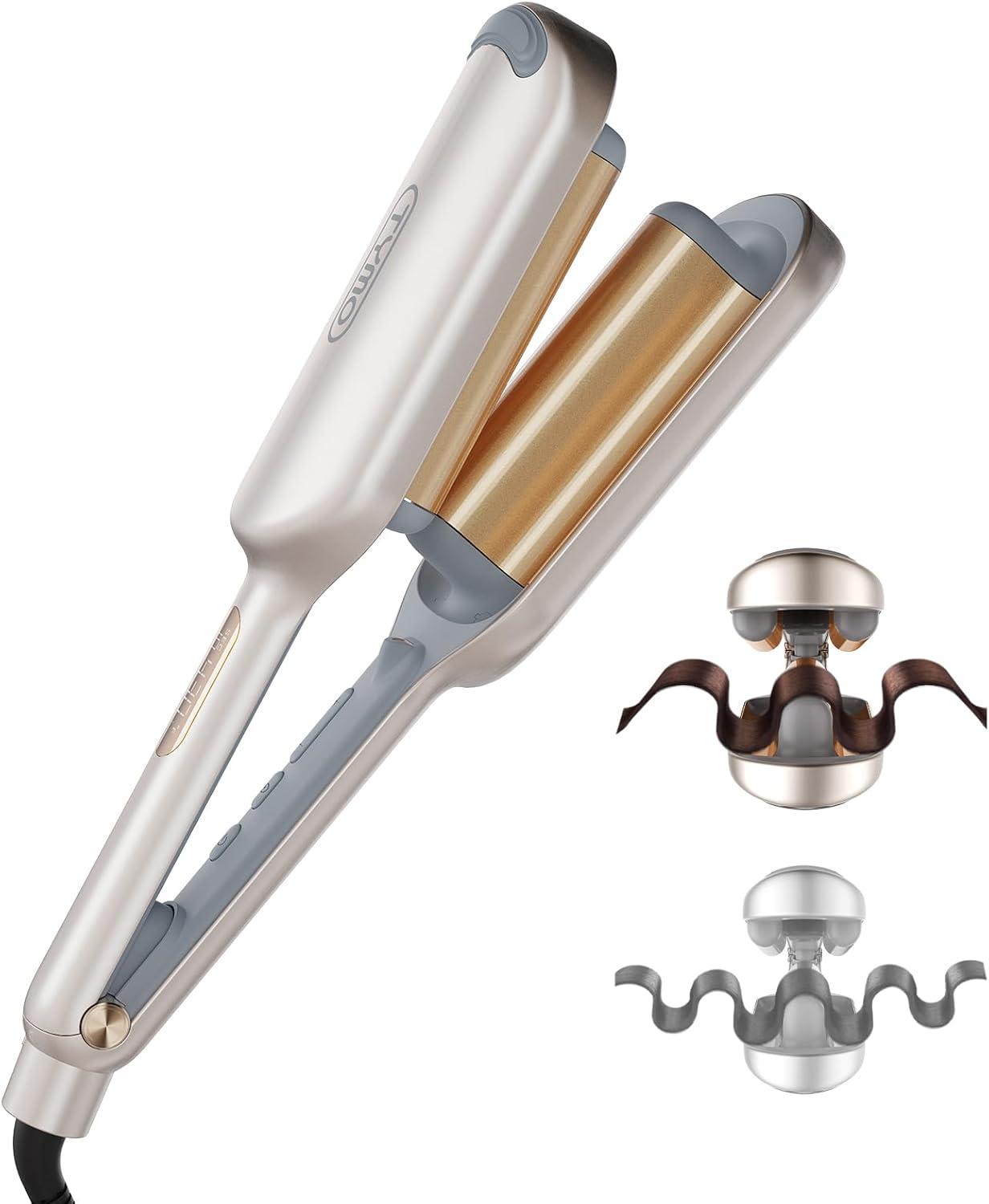 imageCurling Iron Hair Crimper Waver TYMO ROVY Beach Waves Curling Wand Ionic Deep Waver Hair Curler Tool with Ceramic 3 Barrel for Women Dual Voltage AntiScald Easy to Use Pink 1 InchElegant Gold