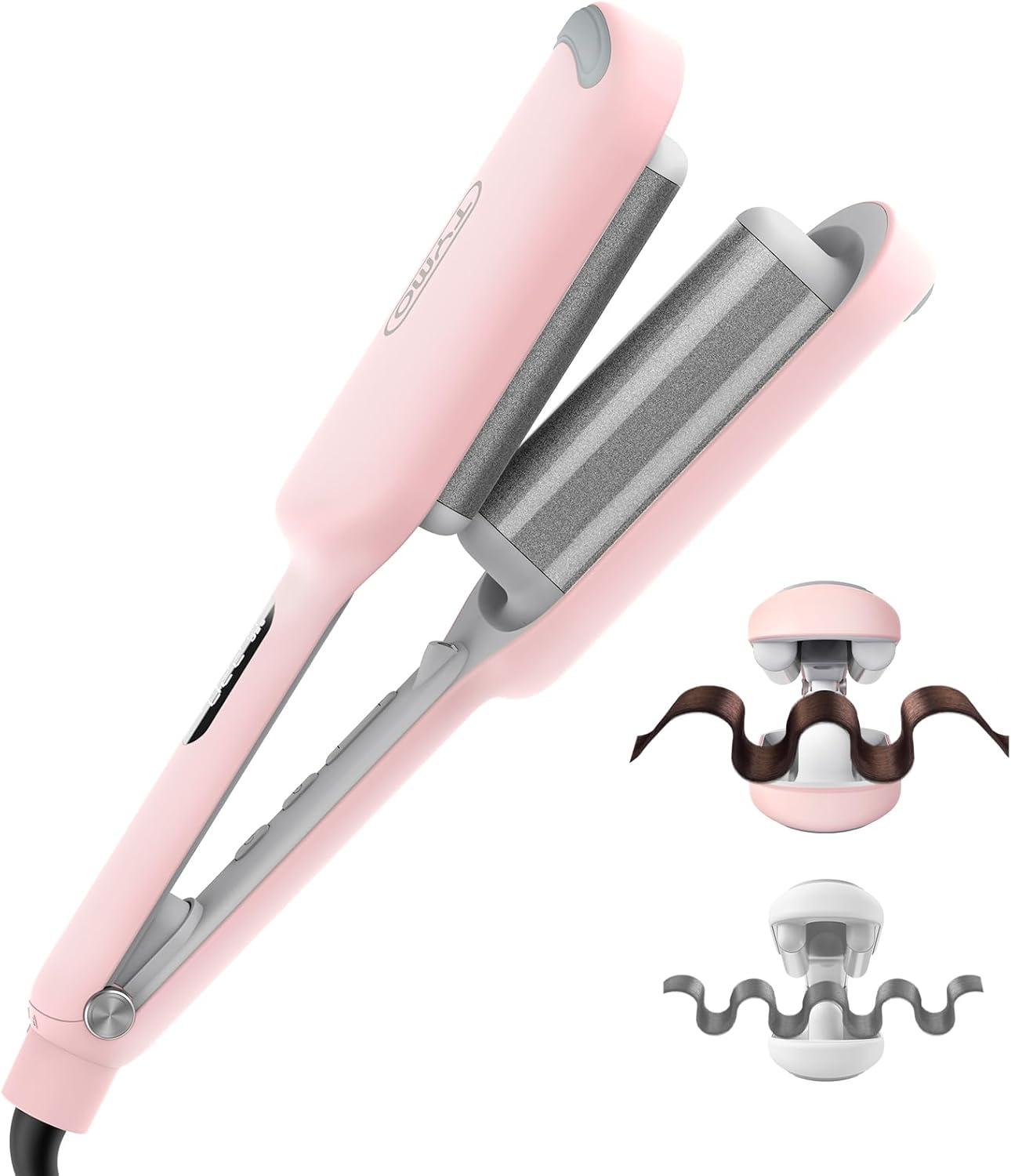imageCurling Iron Hair Crimper Waver TYMO ROVY Beach Waves Curling Wand Ionic Deep Waver Hair Curler Tool with Ceramic 3 Barrel for Women Dual Voltage AntiScald Easy to Use Pink 1 InchPink