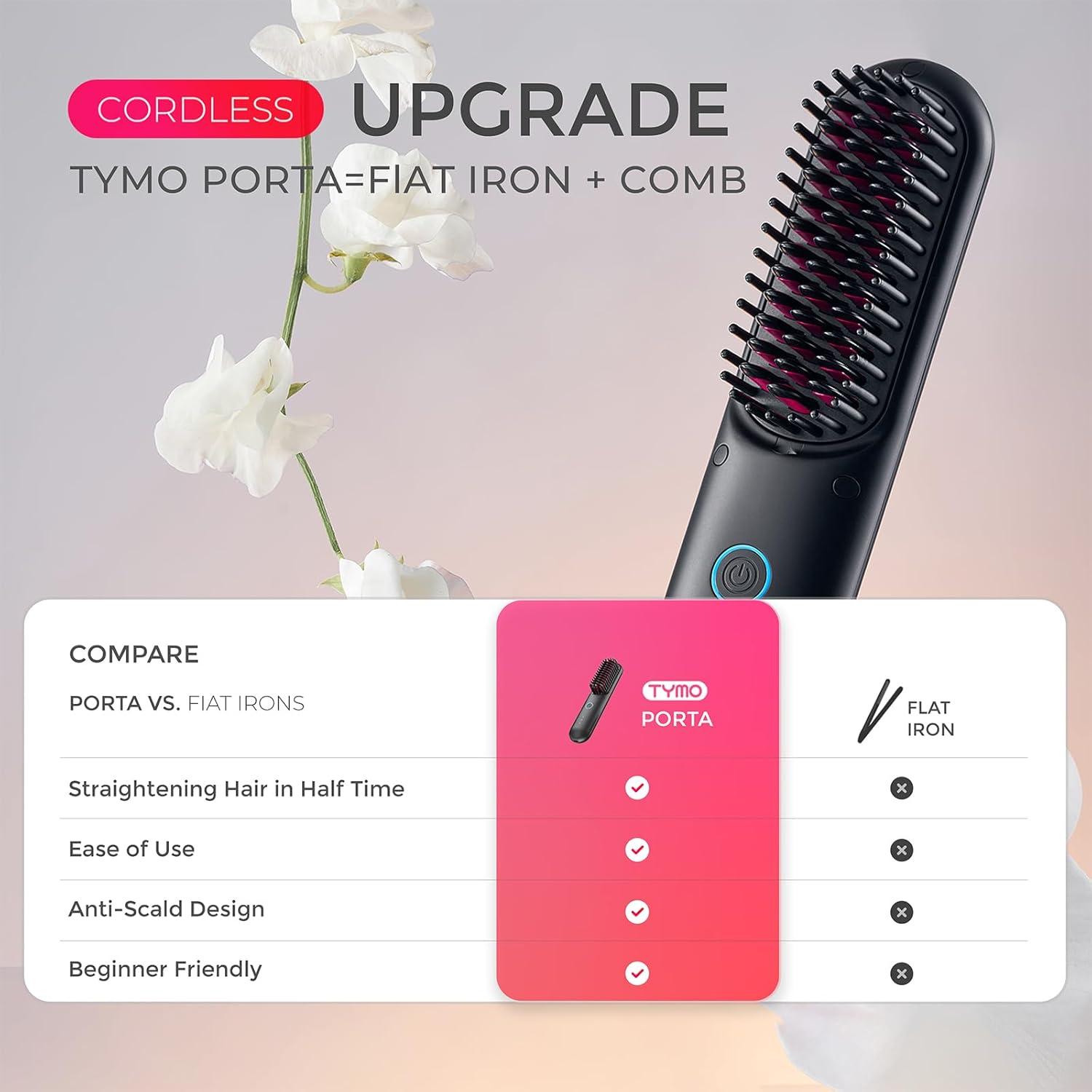 imageTYMO Cordless Hair Straightener Brush Porta ECO Portable Straightening Brush for Travel Mini Hot Straightening Comb for Women Ceramic Coating Lightweight for Touchups AntiScald Black