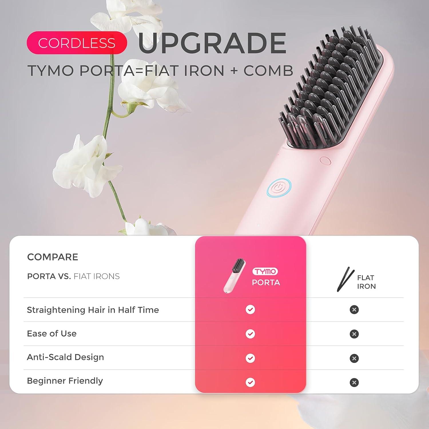 imageTYMO Cordless Hair Straightener Brush Porta PRO Portable Straightening Brush for Travel Mini Ionic Hot Comb Straightener for Women Lightweight onThego Cordless and Fast Charger Dual Power