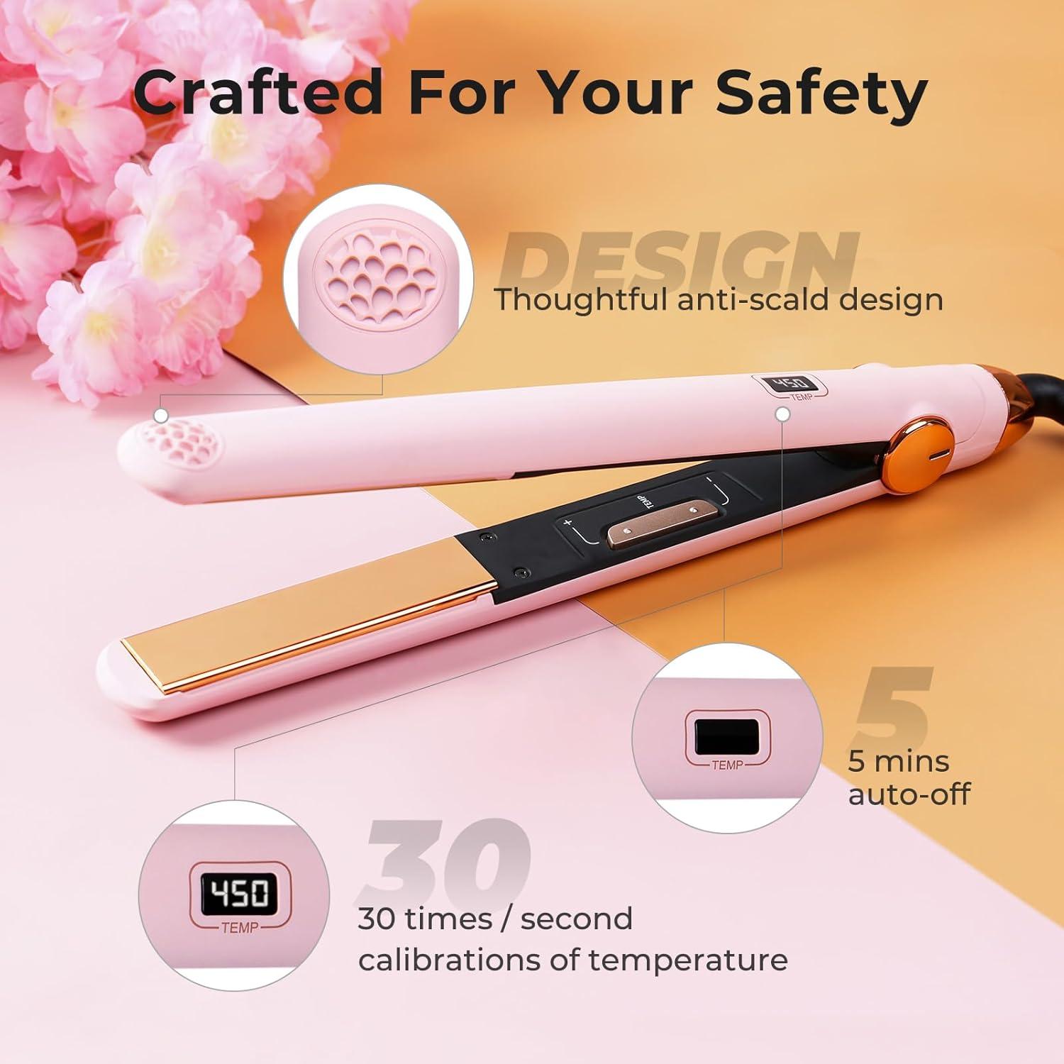 imageTYMO Flat Iron Hair Straightener and Curler 2 in 1 with 10s Fast Heating 1 Inch Professional Titanium Straightening Curling Iron with 32 Adjustable Temp and Automatic Shut OffLight Pink