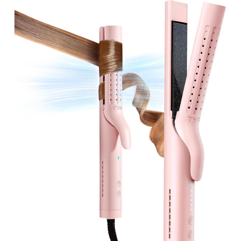 imageTYMO Airflow Curling Iron for Lasting Curls Flat Iron Hair Straightener and Curler 2 in 1 AntiScald Ionic Curling Wand 125 Inch 360 Cool Air 5 Temps amp Dual Voltage for Long Short Hair PinkPink
