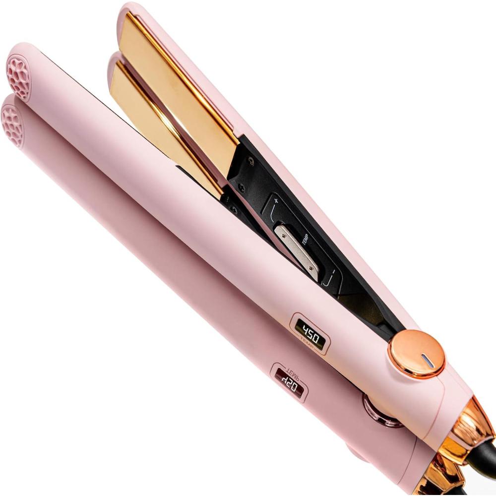 imageTYMO Flat Iron Hair Straightener and Curler 2 in 1 with 10s Fast Heating 1 Inch Professional Titanium Straightening Curling Iron with 32 Adjustable Temp and Automatic Shut OffLight Pink