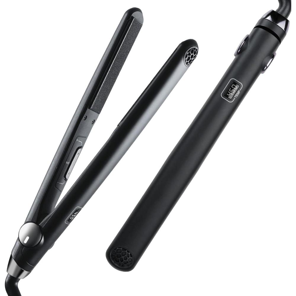 imageTYMO Flat Iron Hair Straightener and Curler 2 in 1 with 10s Fast Heating 1 Inch Professional Titanium Straightening Curling Iron with 32 Adjustable Temp and Automatic Shut OffMatte Black