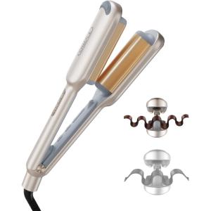 Curling Iron Hair Crimper Waver – TYMO ROVY Beach Waves Curling Wand, Ionic Deep Waver Hair Curler Tool with Ceramic 3 Barrel for Women, Dual Voltage, Anti-Scald, Easy to Use, Pink, 1 Inch(Elegant Gold)