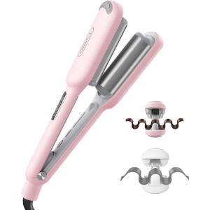 Curling Iron Hair Crimper Waver – TYMO ROVY Beach Waves Curling Wand, Ionic Deep Waver Hair Curler Tool with Ceramic 3 Barrel for Women, Dual Voltage, Anti-Scald, Easy to Use, Pink, 1 Inch(Pink)
