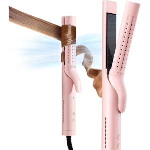 TYMO Airflow Curling Iron for Lasting Curls – Flat Iron Hair Straightener and Curler 2 in 1, Anti-Scald Ionic Curling Wand 1.25 Inch, 360° Cool Air, 5 Temps & Dual Voltage for Long Short Hair, Pink(Pink)