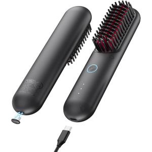 TYMO Cordless Hair Straightener Brush – Porta ECO Portable Straightening Brush for Travel, Mini Hot Straightening Comb for Women, Ceramic Coating, Lightweight for Touch-ups, Anti-Scald, Black