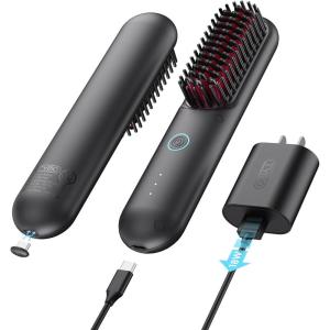 TYMO Porta Cordless Hair Straightener Brush, Portable Mini Straightening Brush for Travel, Negative Ion Hot Comb Hair Straightener for Women, Lightweight to Carry Out, USB Rechargeable, Black